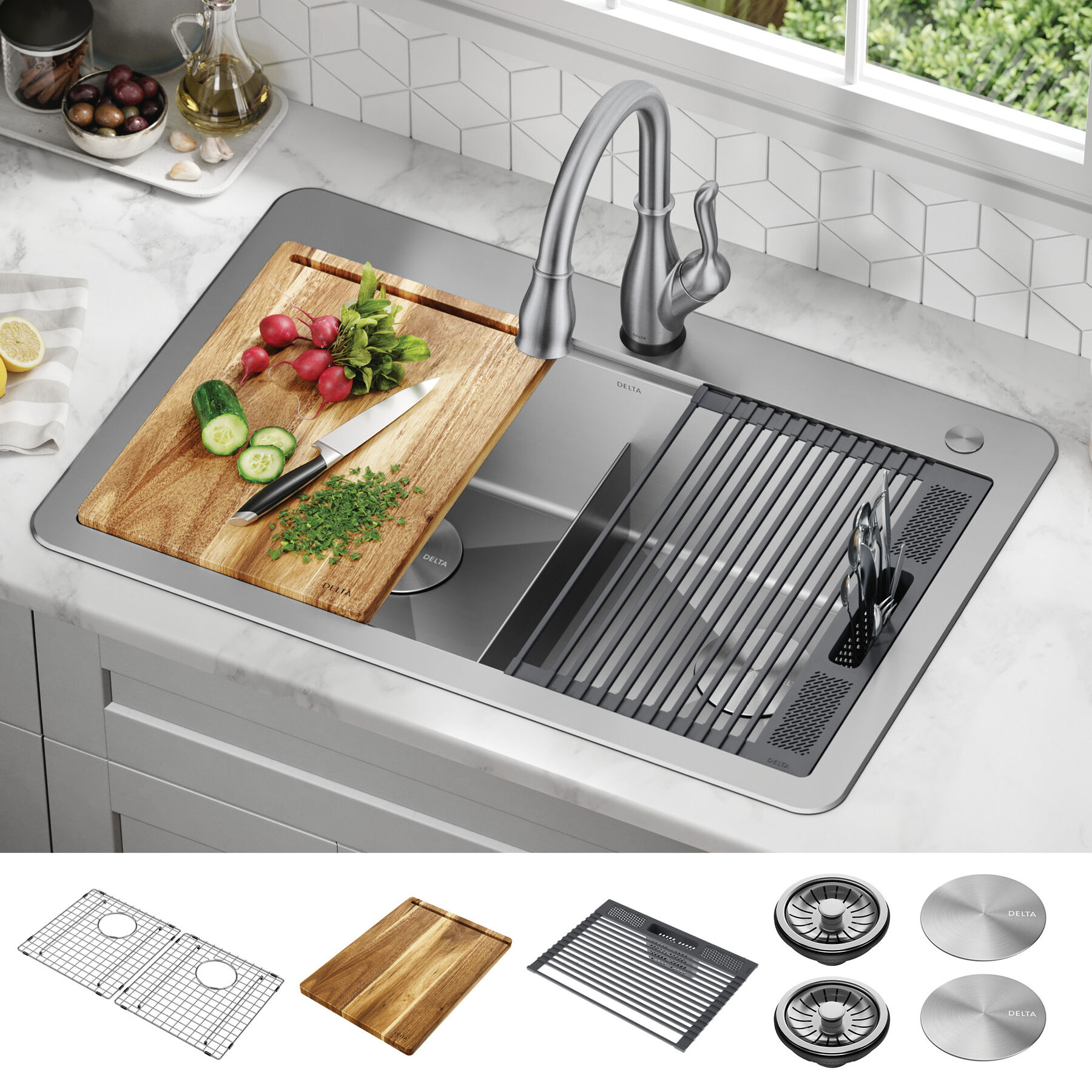 33” Workstation Drop-In Top Mount Double Bowl 16 Gauge Stainless Steel Kitchen Sink with WorkFlow™ Ledge and Accessories, image 11