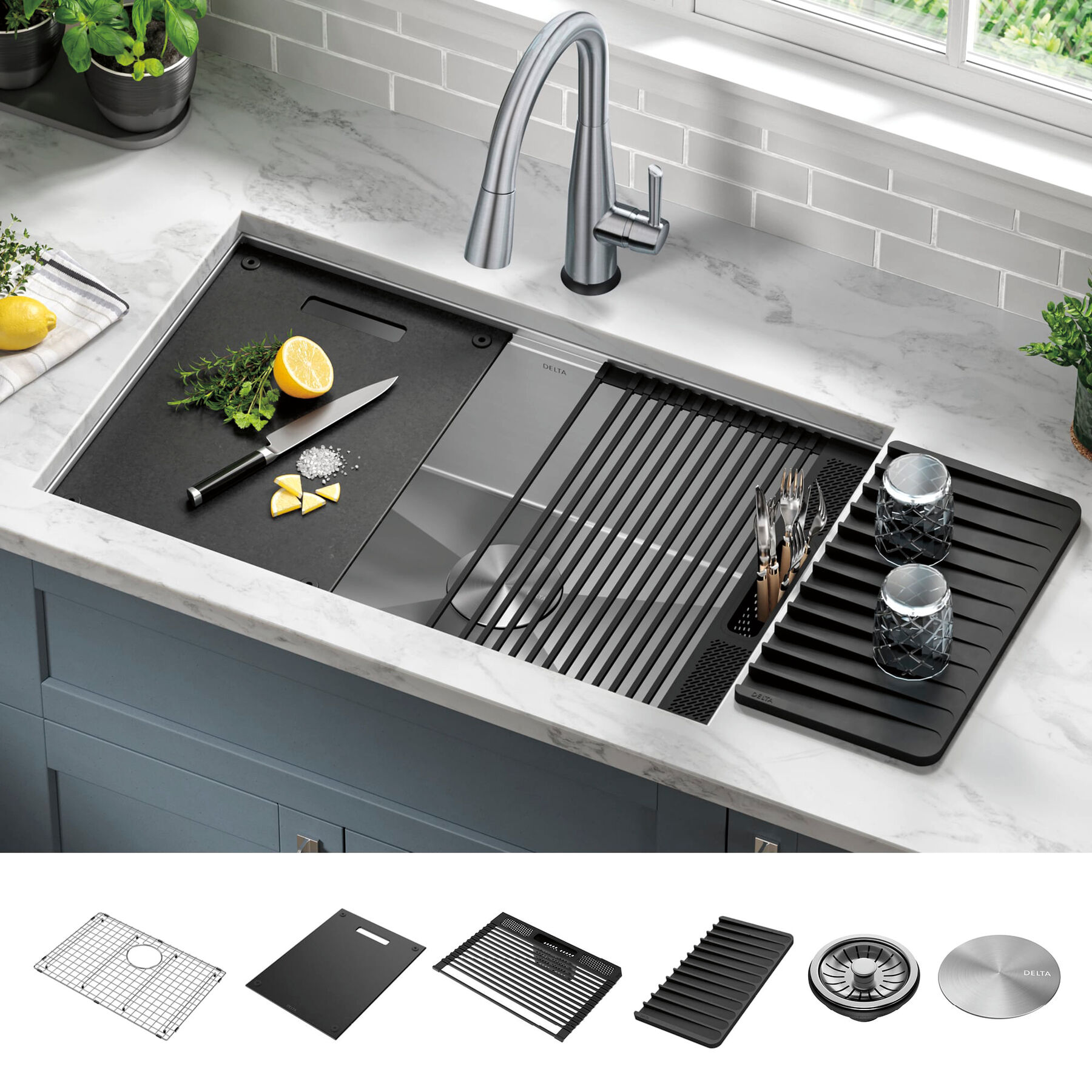 30” Workstation Kitchen Sink Undermount 16 Gauge Stainless Steel Single Bowl with WorkFlow™ Ledge and Accessories, image 12