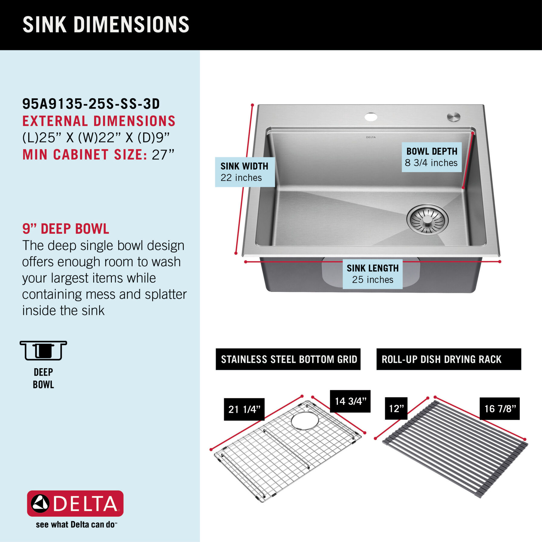 25” Stainless Steel Workstation Kitchen Sink Drop-In Undermount Single Bowl with WorkFlow™ Ledge and Accessories, image 8