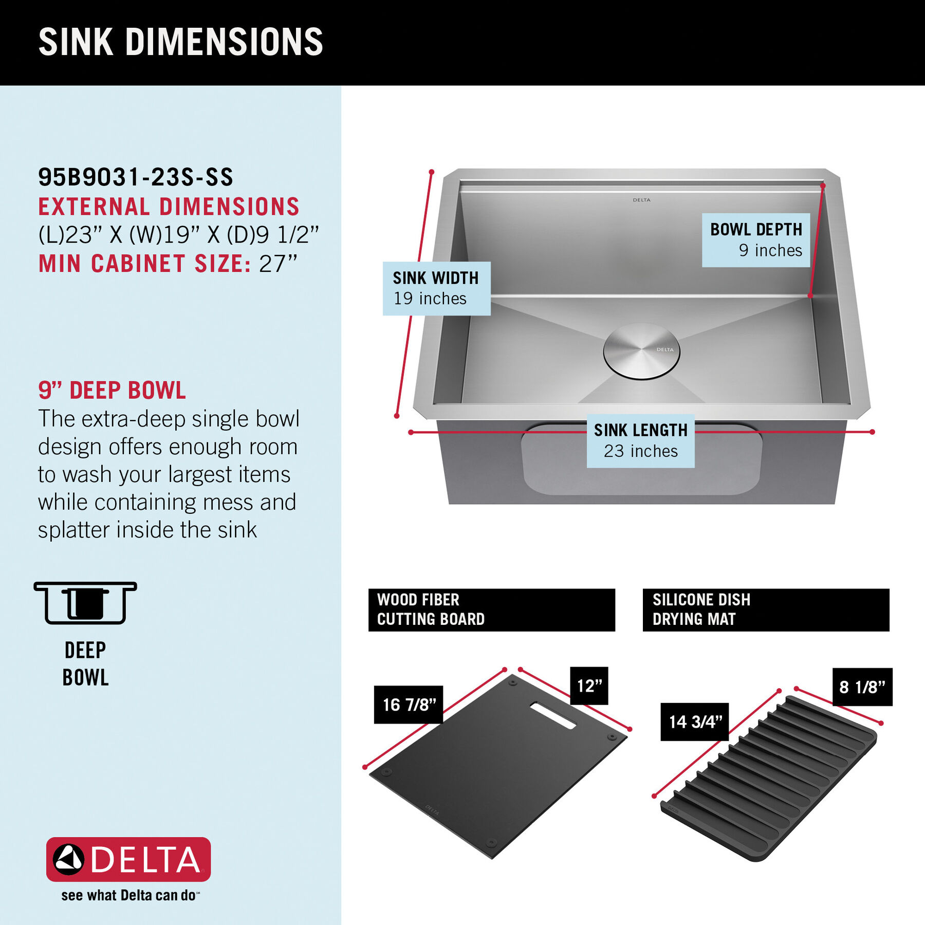 23” Workstation Undermount Single Bowl 16 Gauge Stainless Steel Kitchen Sink with WorkFlow™ Ledge and Accessories, image 7