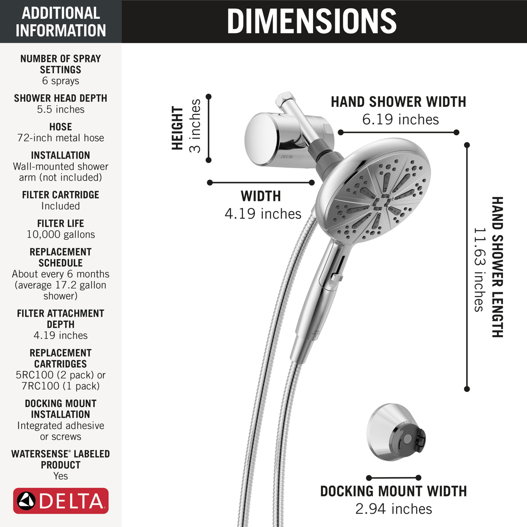 Standard Shower Filter with 6-Setting Showerhead and Mount Bundle
