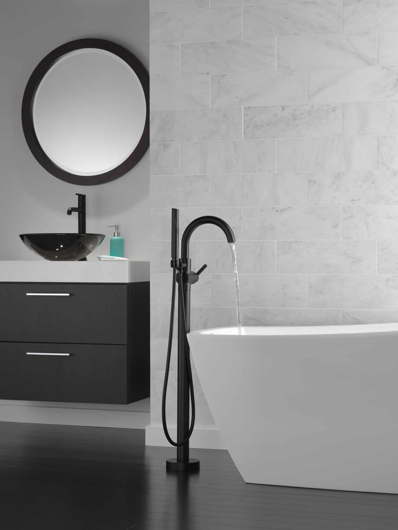 Single Handle Floor Mount Tub Filler Trim with Hand Shower (Recertified), image 1
