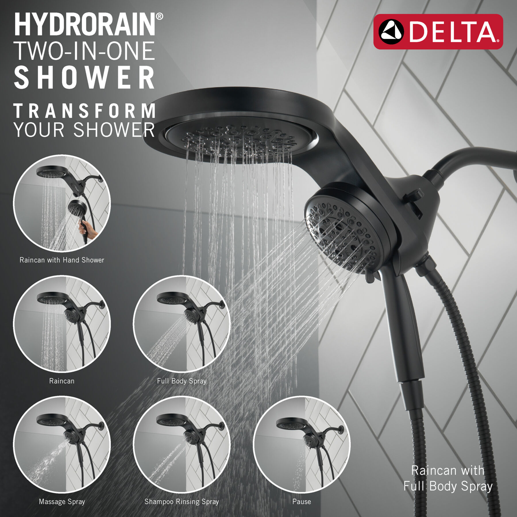 HydroRain® H<sub>2</sub>Okinetic® 5-Setting Two-in-One Shower Head (Recertified), image 3