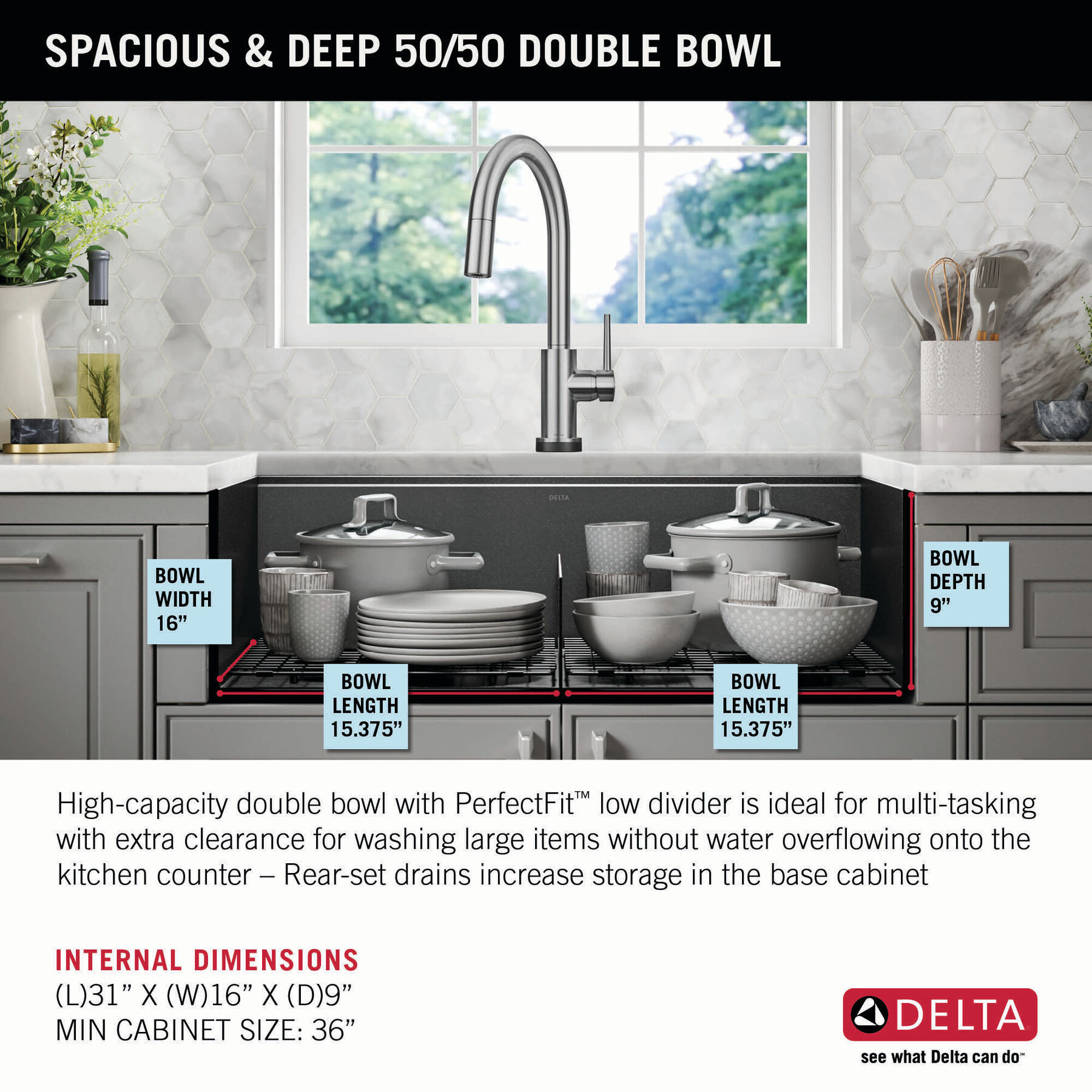 33” Undermount 16 Gauge Workstation Kitchen Sink Double Bowl with WorkFlow™ Ledge and Accessories, image 4