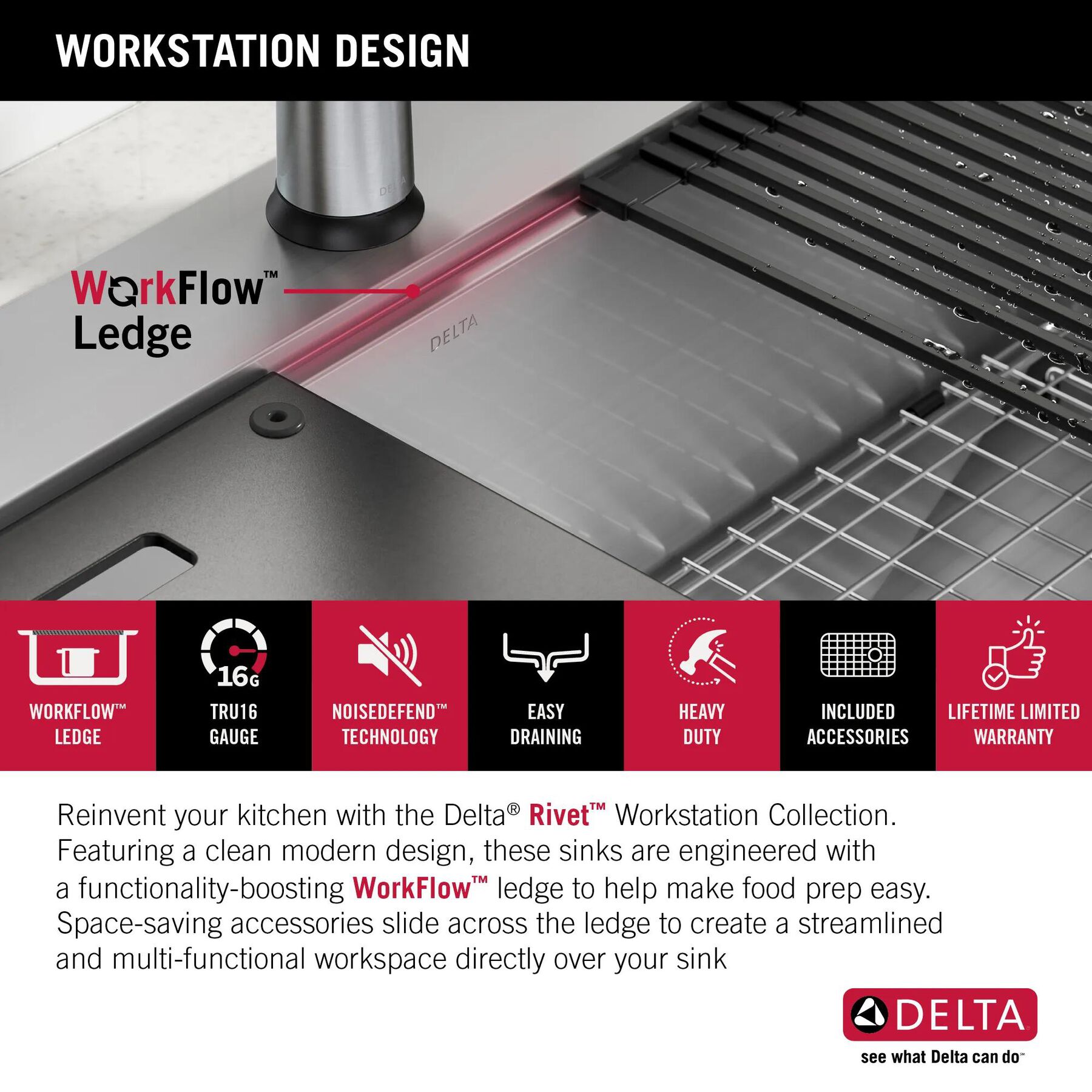 33&rdquo; Workstation Kitchen Sink&nbsp;Drop-In Top Mount&nbsp;16 Gauge&nbsp;Stainless Steel 50/50 Double Bowl with&nbsp;WorkFlow&trade; Ledge&nbsp;and Accessories