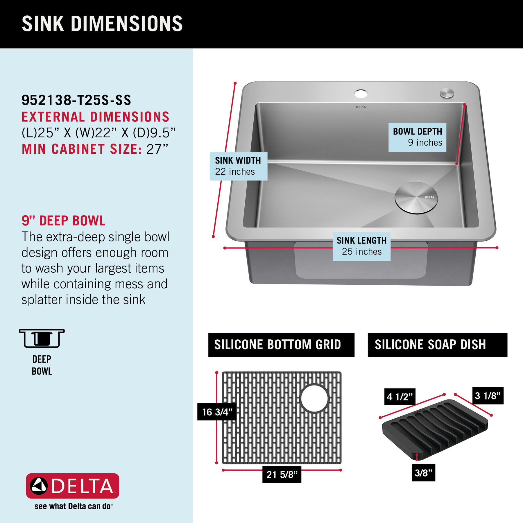 25” Drop-In Undermount Stainless Steel Single Bowl Kitchen Sink with Accessories, image 6