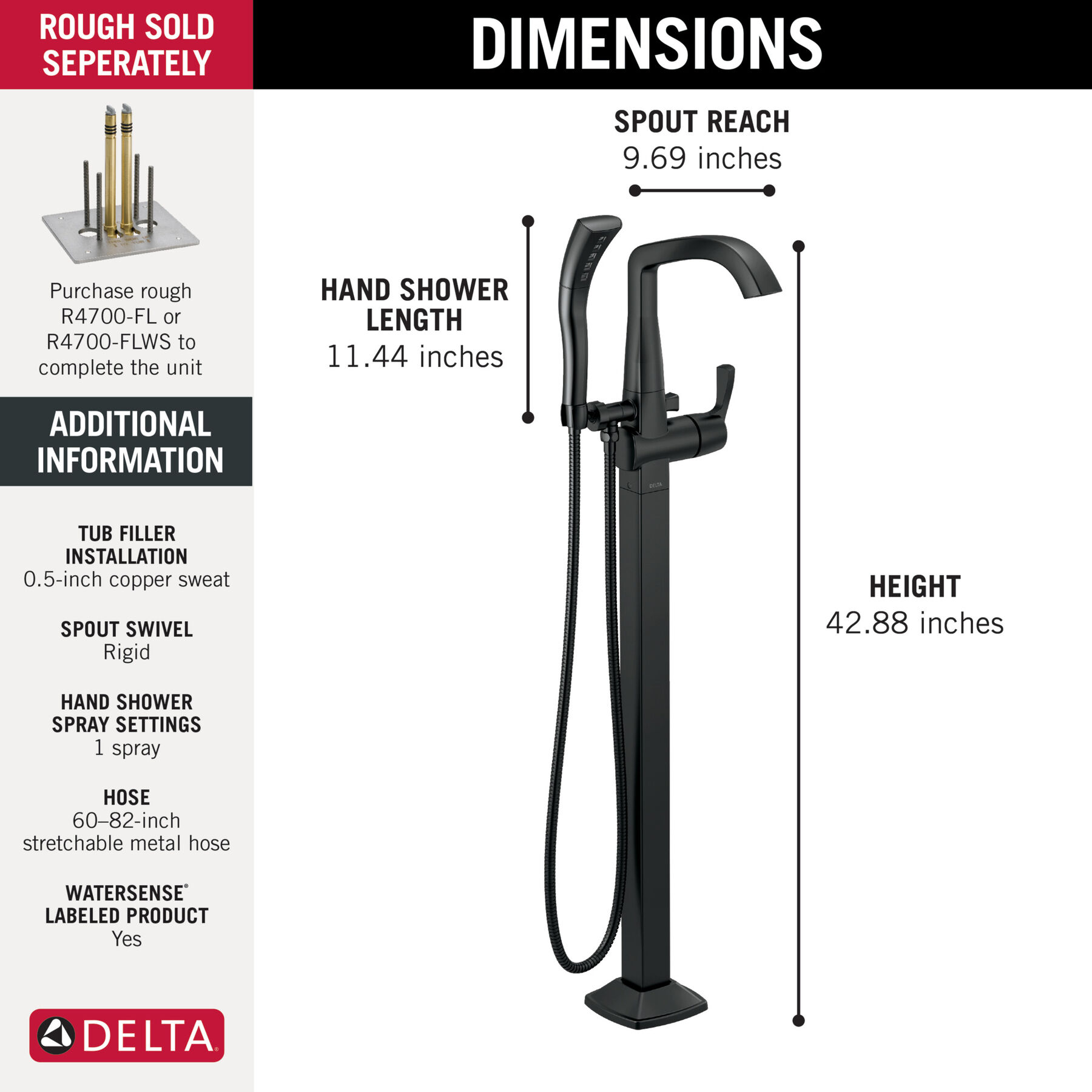 Floor Mount Tub Filler Trim w/ HS 1L (Recertified), image 2