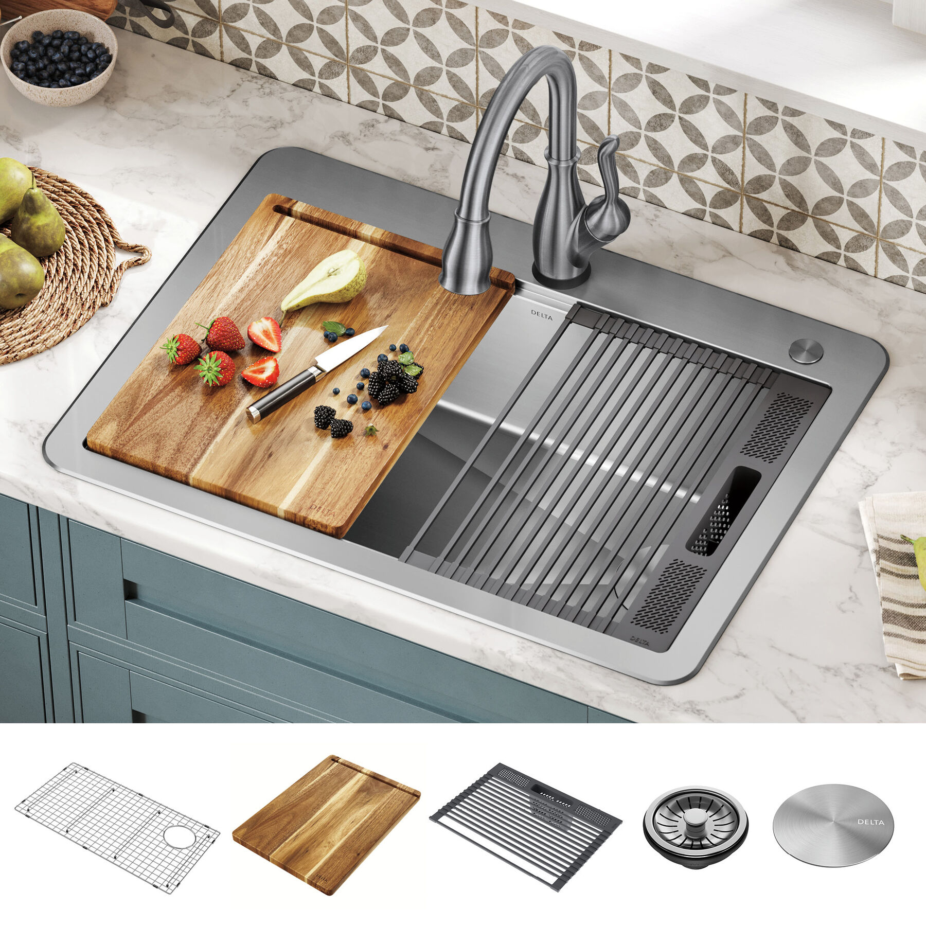 30” Workstation Kitchen Sink Drop-In Top Mount Stainless Steel Single Bowl with WorkFlow™ Ledge and Accessories, image 10