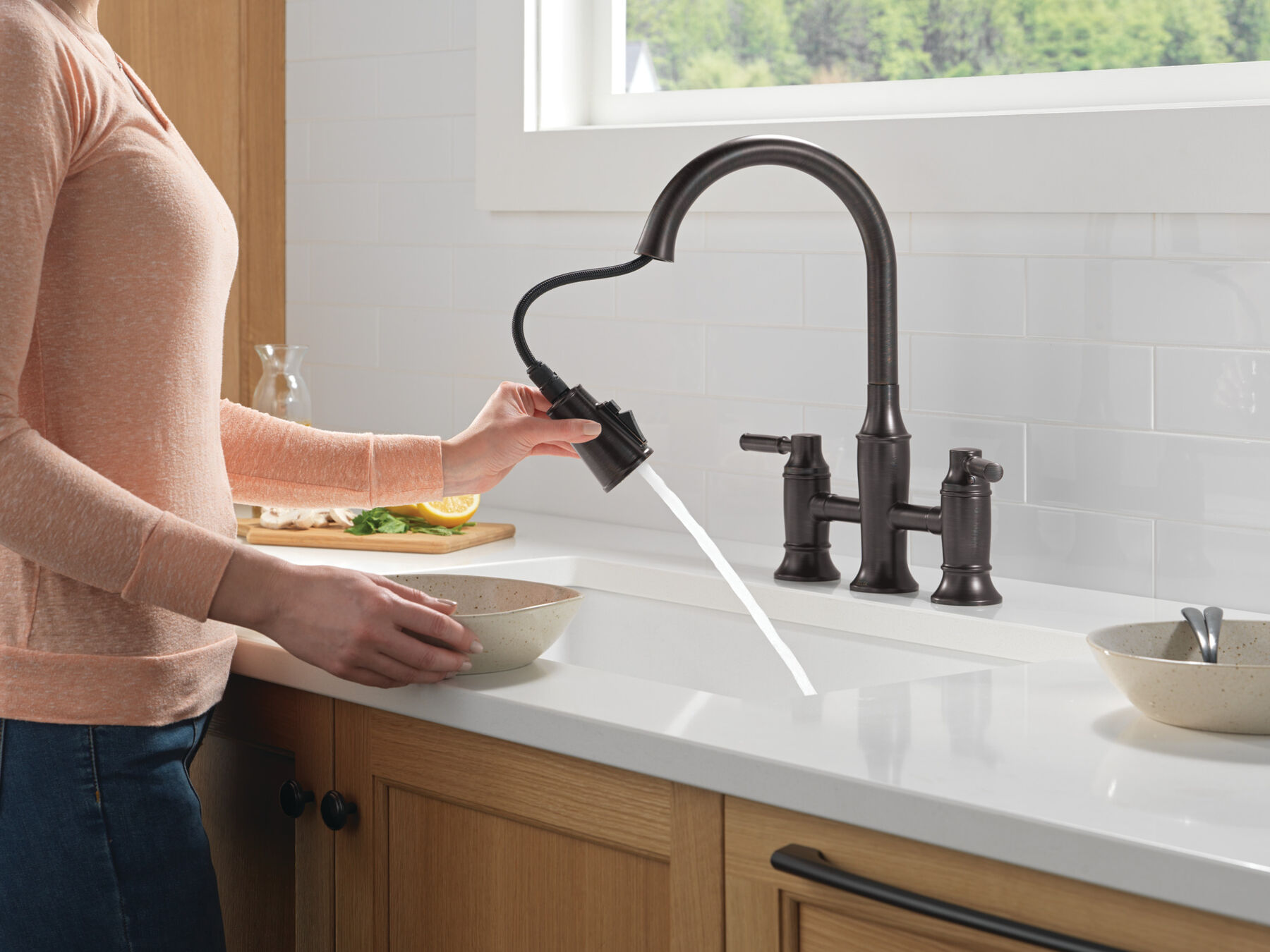 Two Handle Pull-Down Bridge Kitchen Faucet, image 2