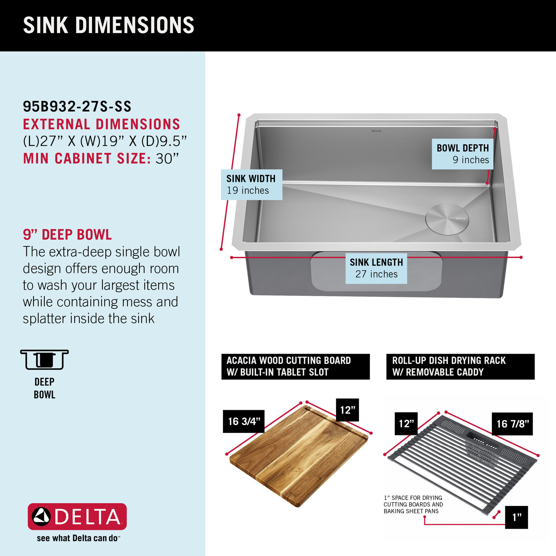 27” Workstation Kitchen Sink Undermount Stainless Steel Single Bowl with WorkFlow™ Ledge and Accessories, image 9