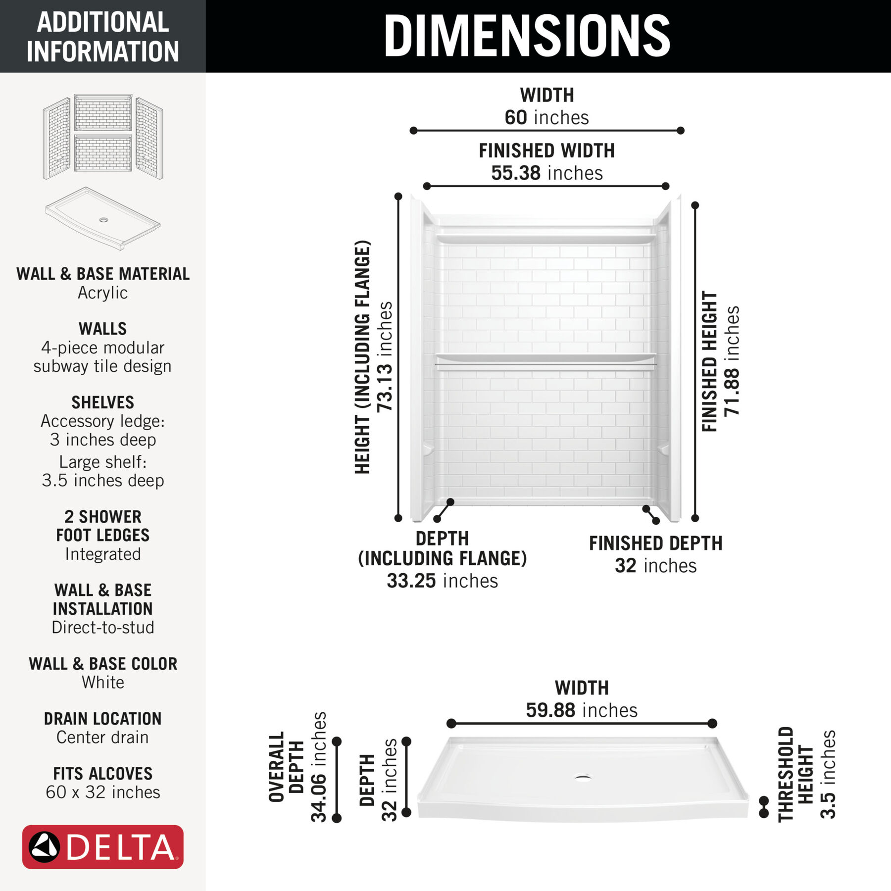 60x32 Alcove Shower Base with Tile Wall Bundle - Center Drain Curve, image 1