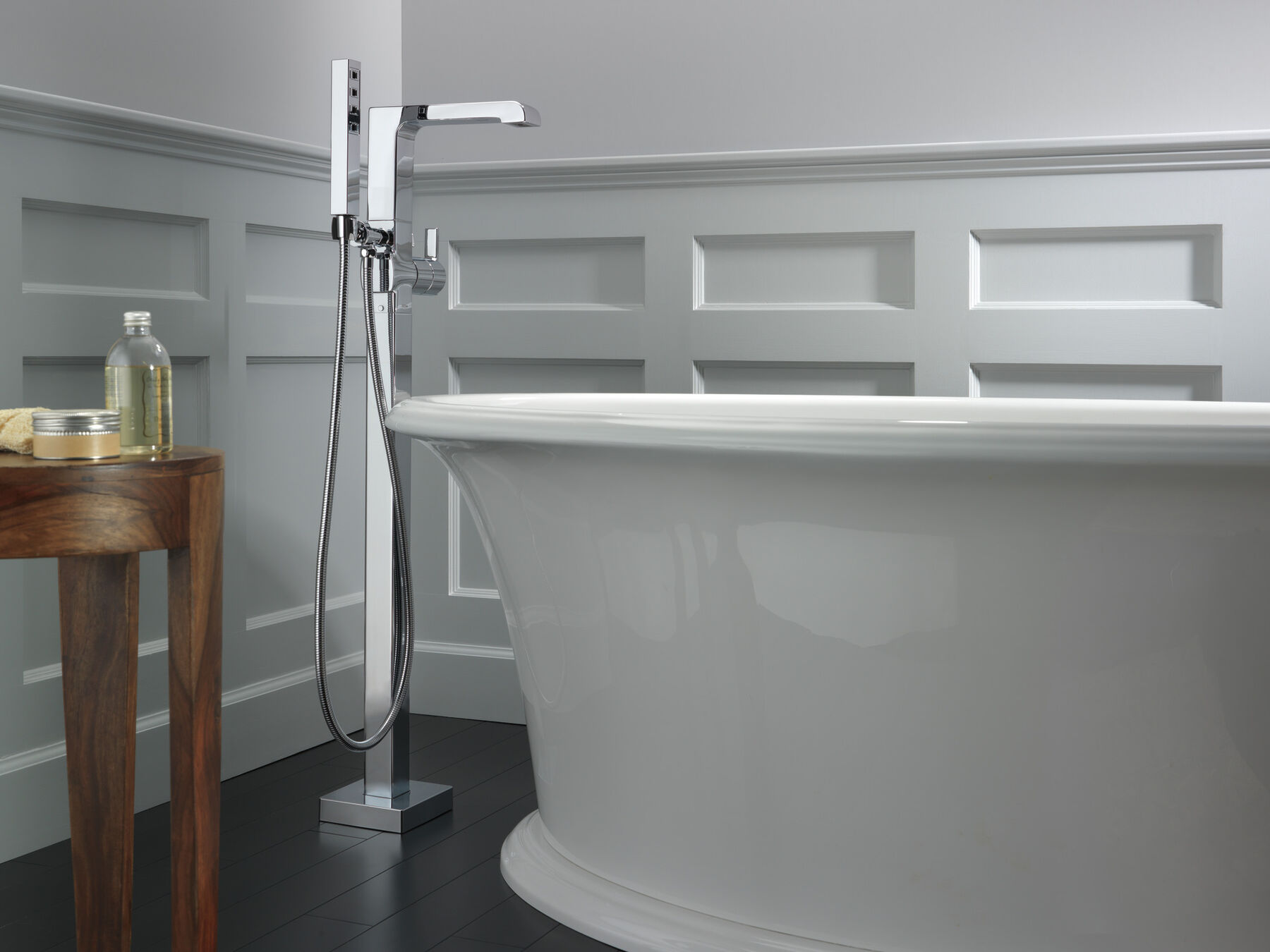 Single Handle Floor Mount Tub Filler Trim with Hand Shower, image 3