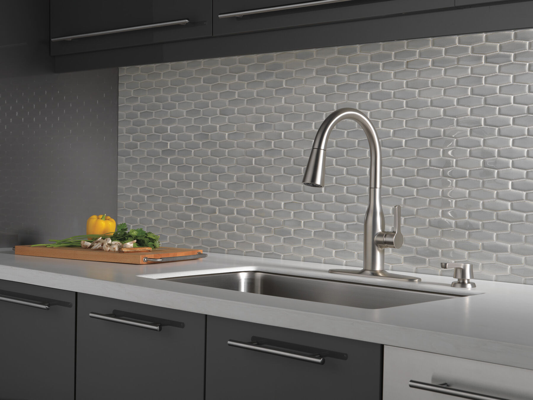 Single Handle Pull-Down Kitchen Faucet with Soap Dispenser and ShieldSpray&reg; Technology (Recertified), image 2