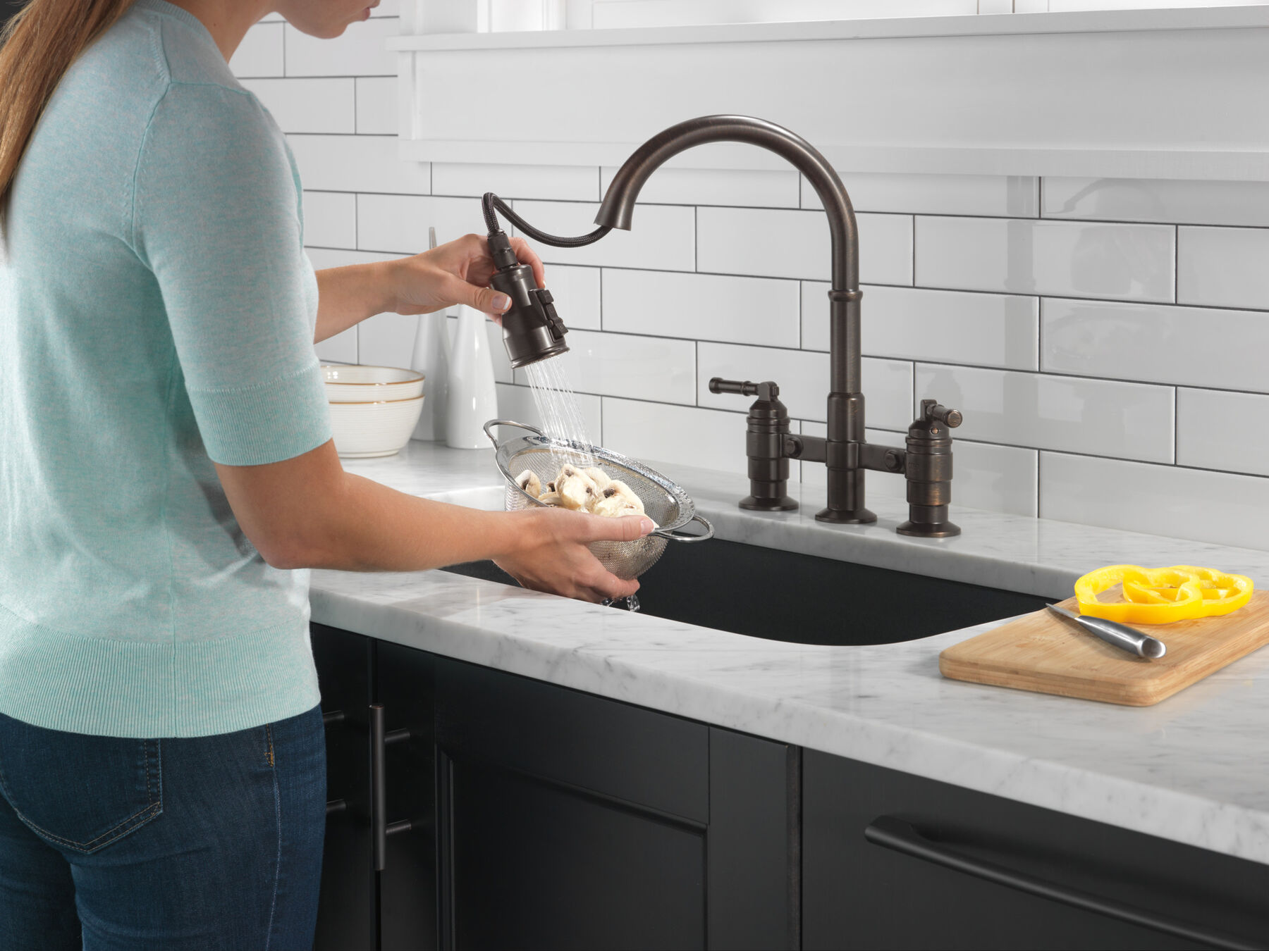 Two Handle Pull-Down Bridge Kitchen Faucet, image 9