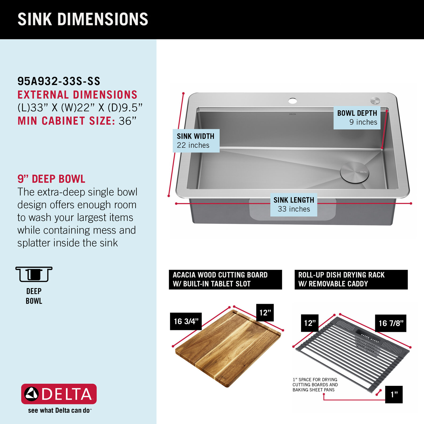 33” Workstation Kitchen Sink Drop-In Top Mount Stainless Steel Single Bowl with WorkFlow™ Ledge and Accessories, image 37