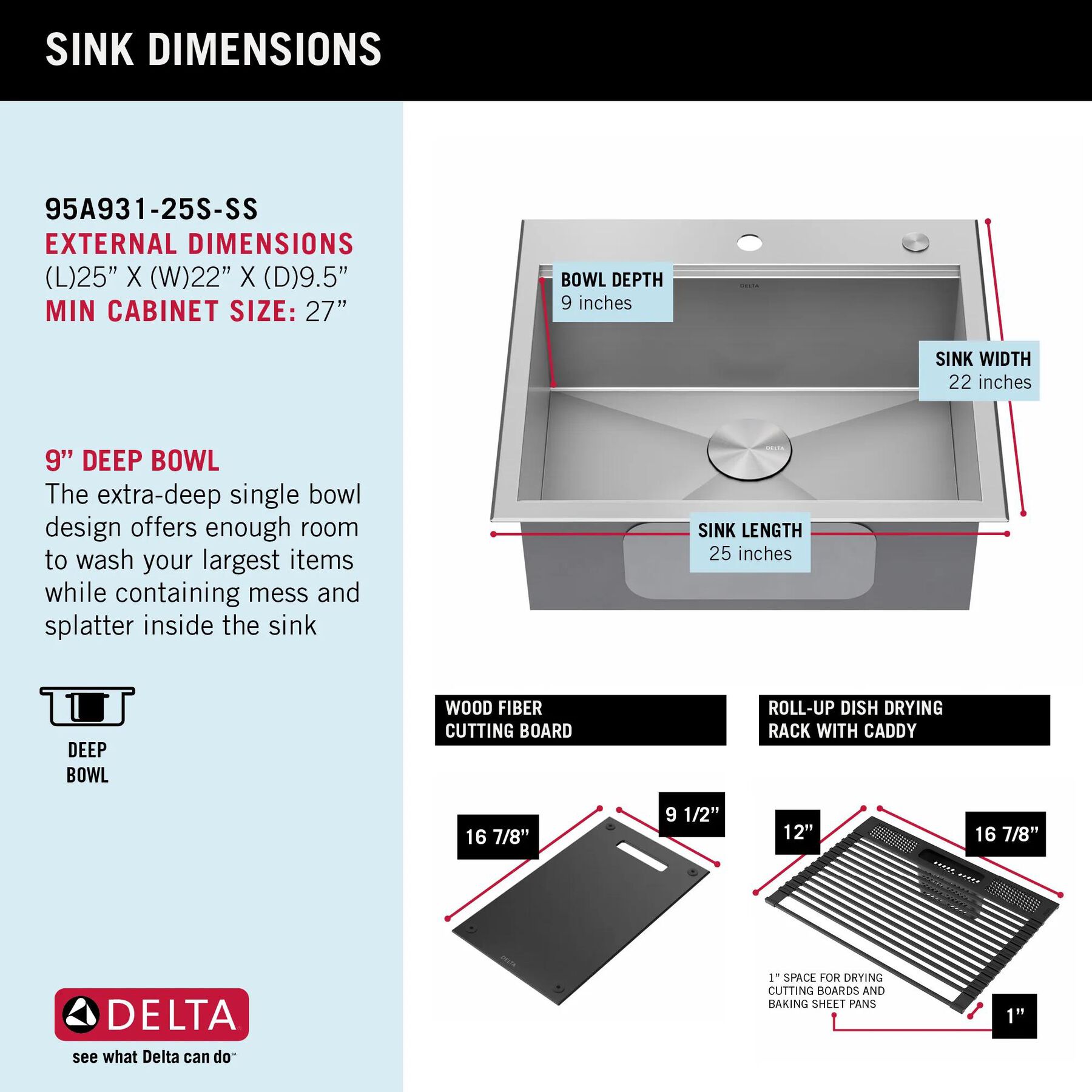 25&rdquo; Workstation Kitchen Sink&nbsp;Drop-In Top Mount&nbsp;16 Gauge&nbsp;Stainless Steel Single Bowl with&nbsp;WorkFlow&trade; Ledge&nbsp;and Accessories