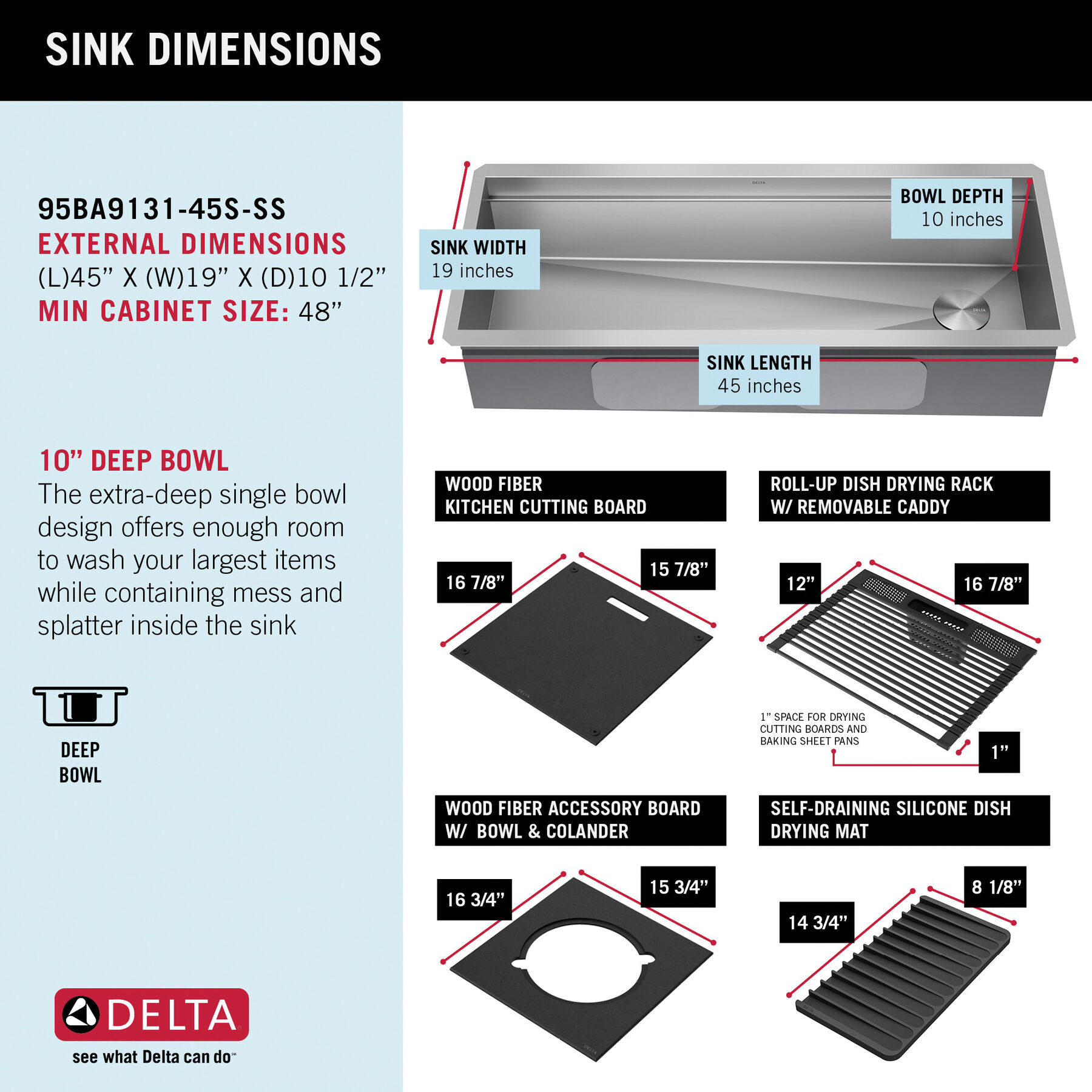 45” Workstation Undermount Single Bowl 16 Gauge Stainless Steel Kitchen Sink with 2-Tier WorkFlow™ Ledge and Accessories, image 14