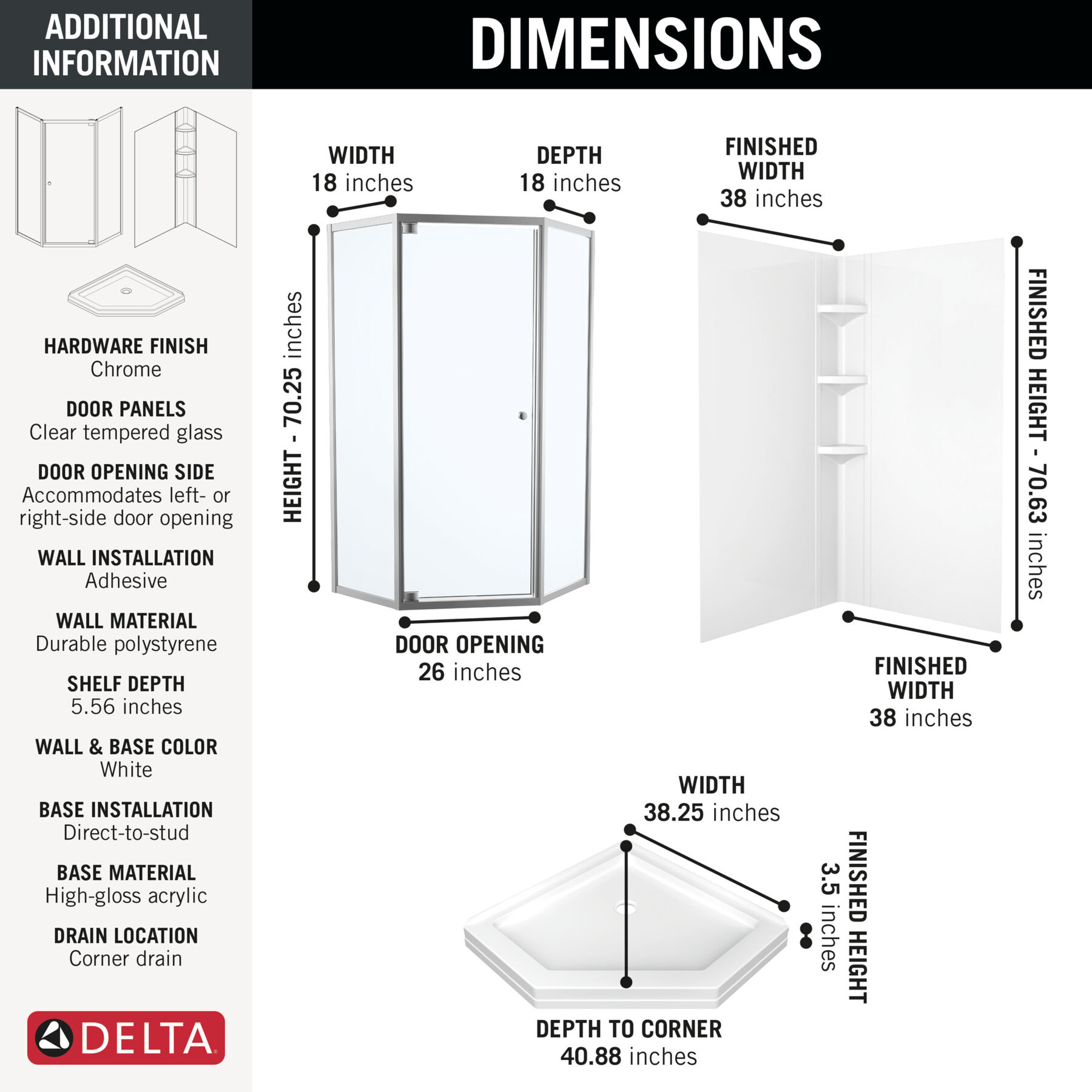 38x38 Corner Shower Bundle with Door - Framed Neo with Glue Up Wall Set, image 1