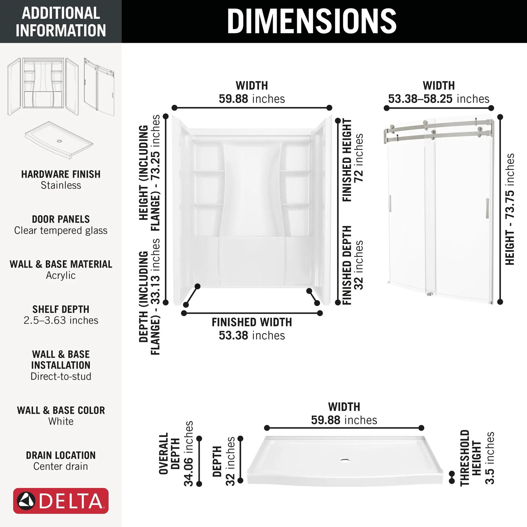 60x32 Alcove Shower Bundle with Door - Center Drain Curve