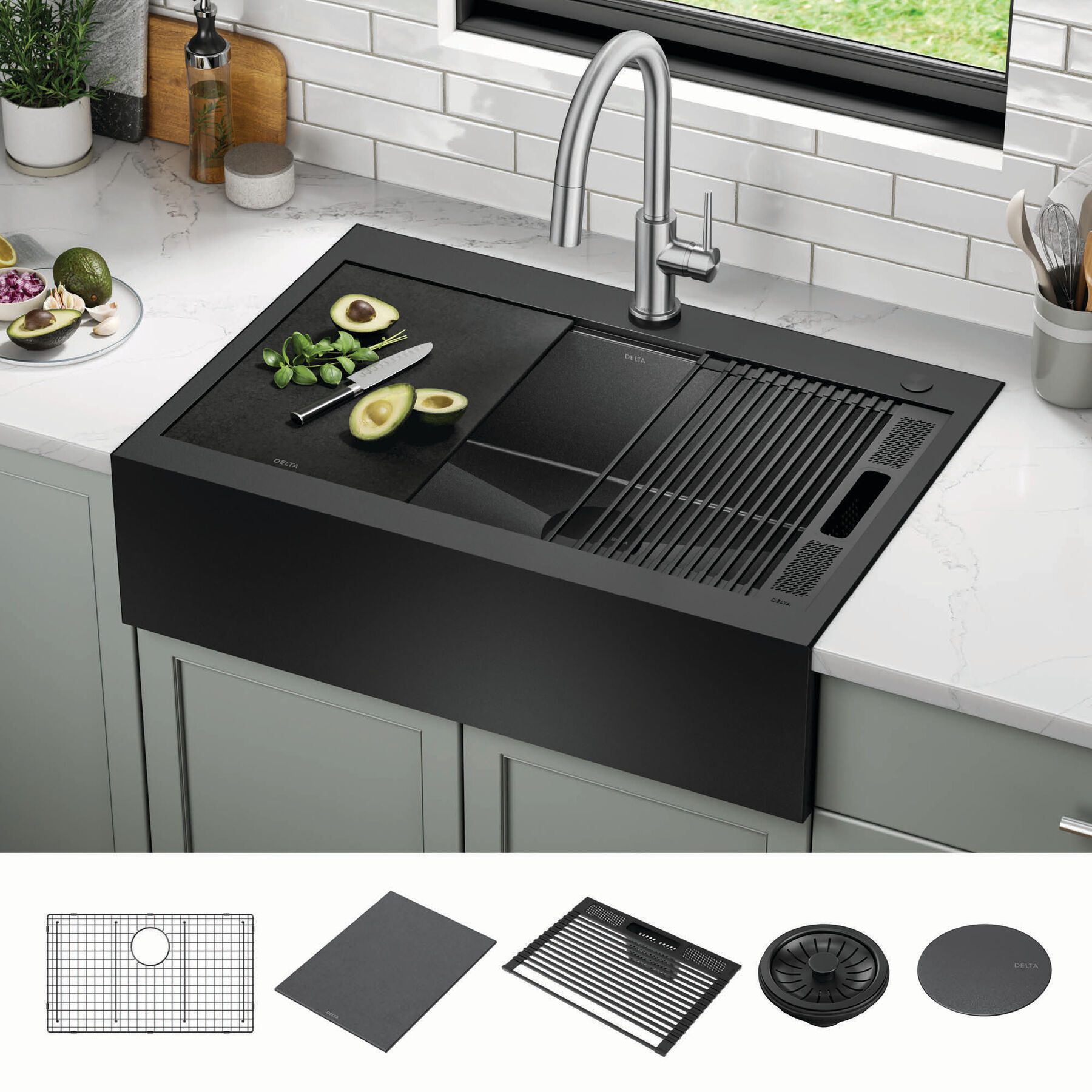 33” Retrofit Farmhouse Apron Front 16 Gauge Workstation Kitchen Sink Single Bowl in with WorkFlow™ Ledge and Accessories for Top Mount Drop-In Installation, image 11