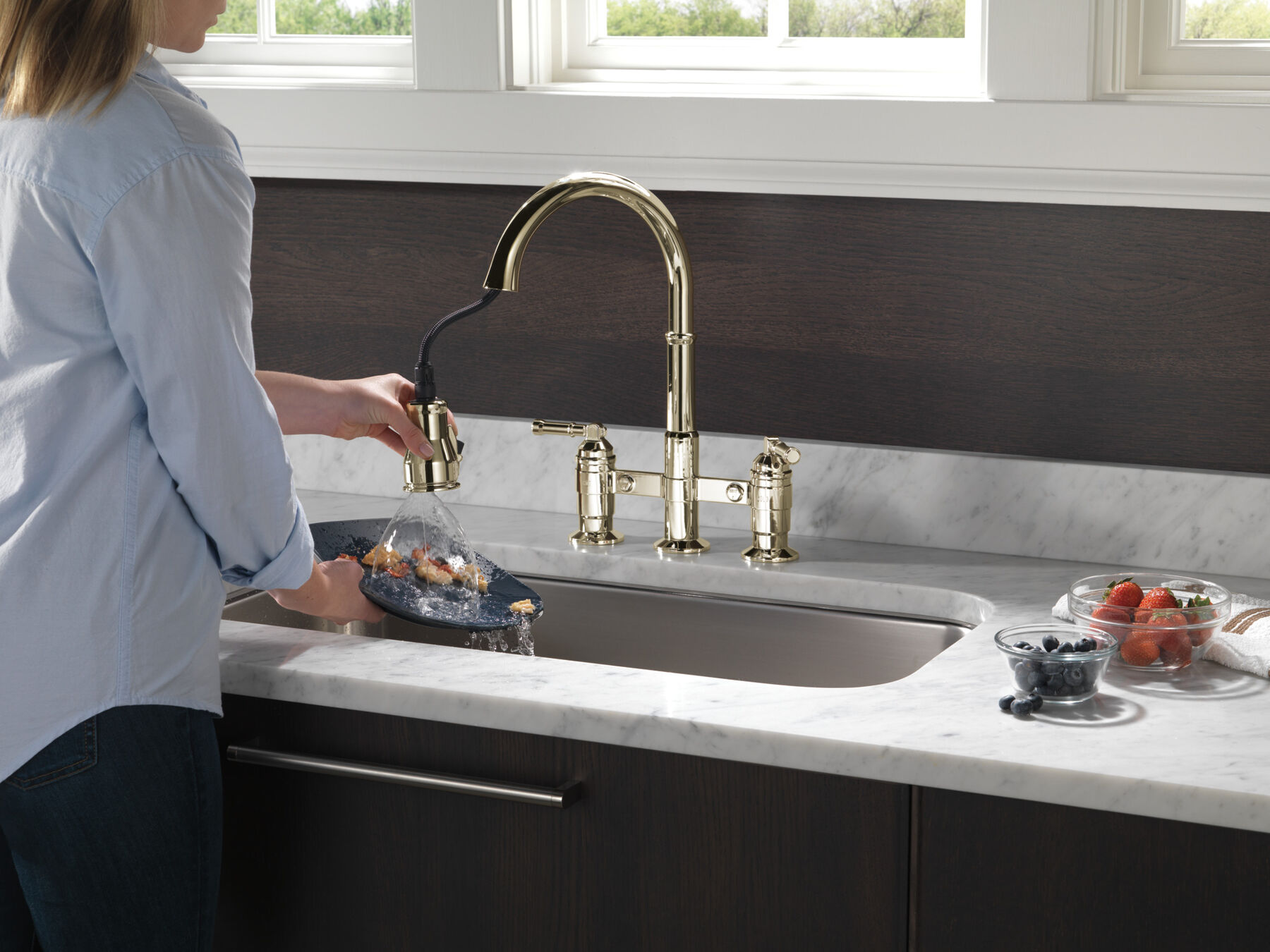 Two Handle Pull-Down Bridge Kitchen Faucet, image 3