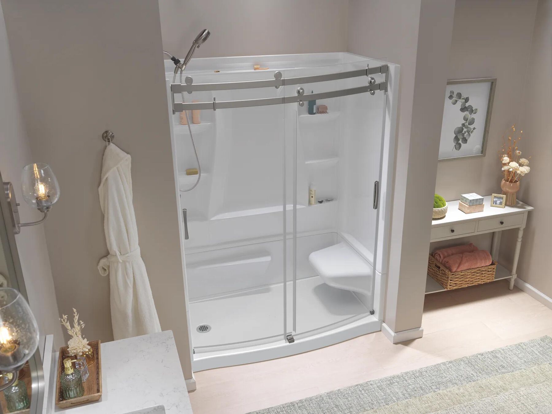 60x32 Alcove Shower Bundle with Door- Right Seat Left Drain Curve