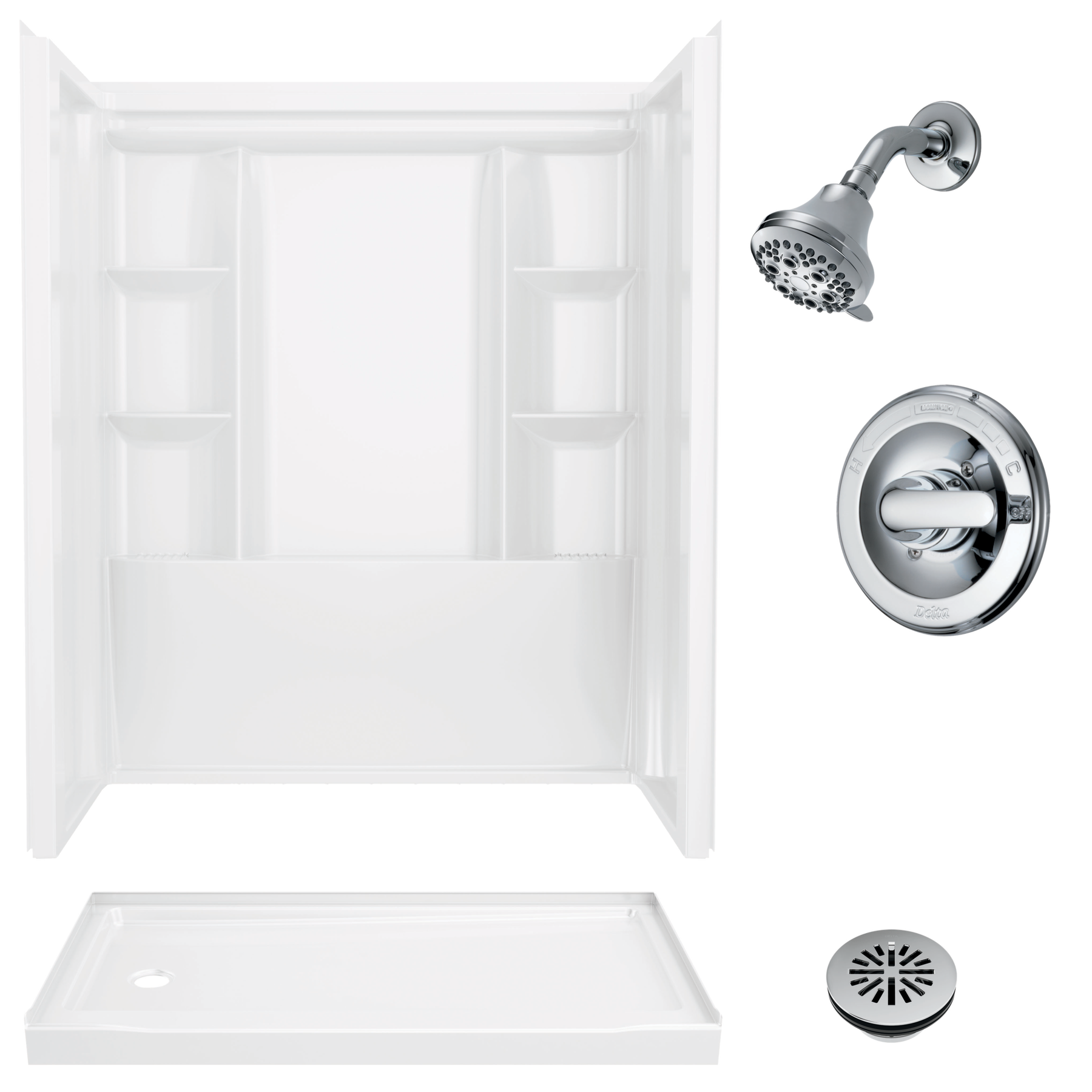 60x32 Alcove Shower Bundle with Trim and Drain - Left Drain