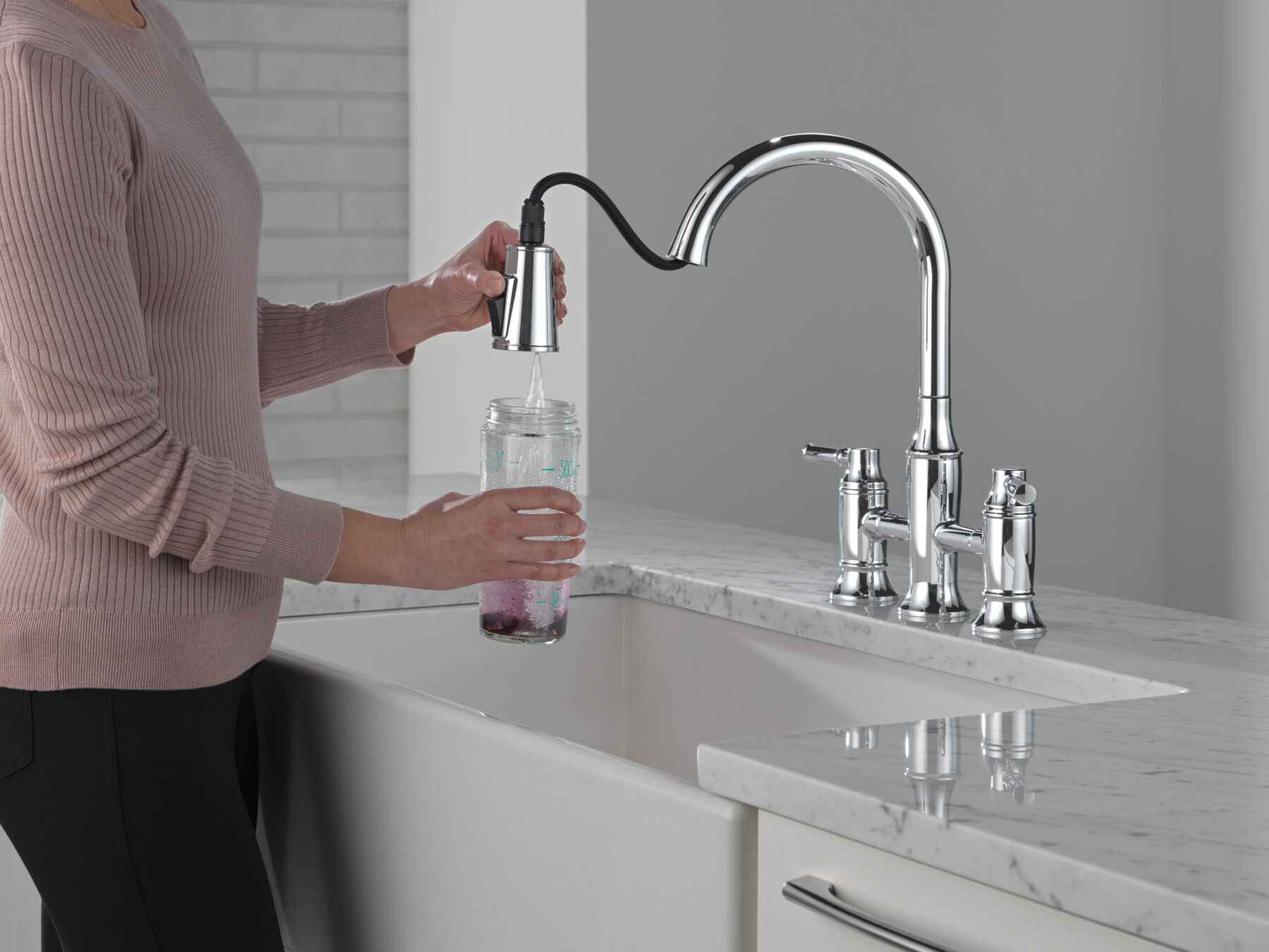 Two Handle Pull-Down Bridge Kitchen Faucet, image 3