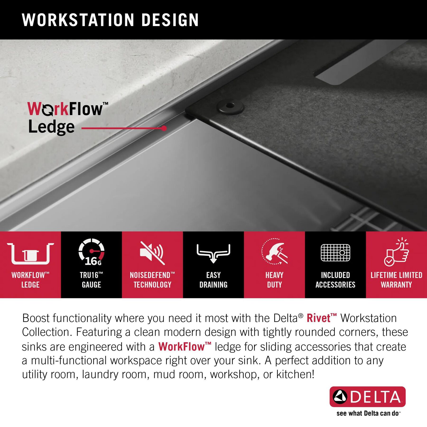 24&rdquo; Workstation Undermount Single Bowl 16 Gauge Stainless Steel Laundry Utility Kitchen Sink with WorkFlow&trade; Ledge and Accessories