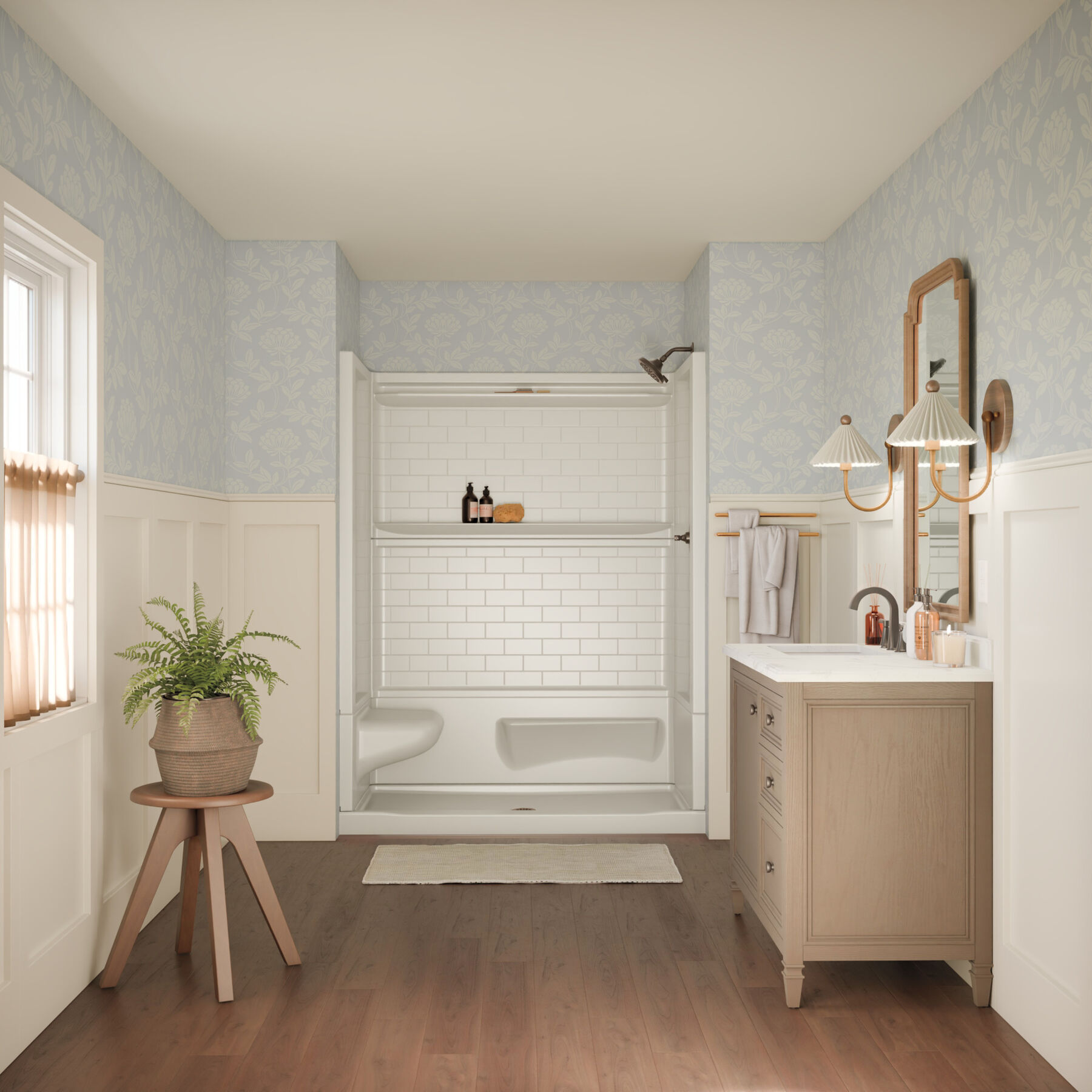 60x32 Alcove Shower Base with Tile Wall Bundle  - Left Seat Center Drain, image 2