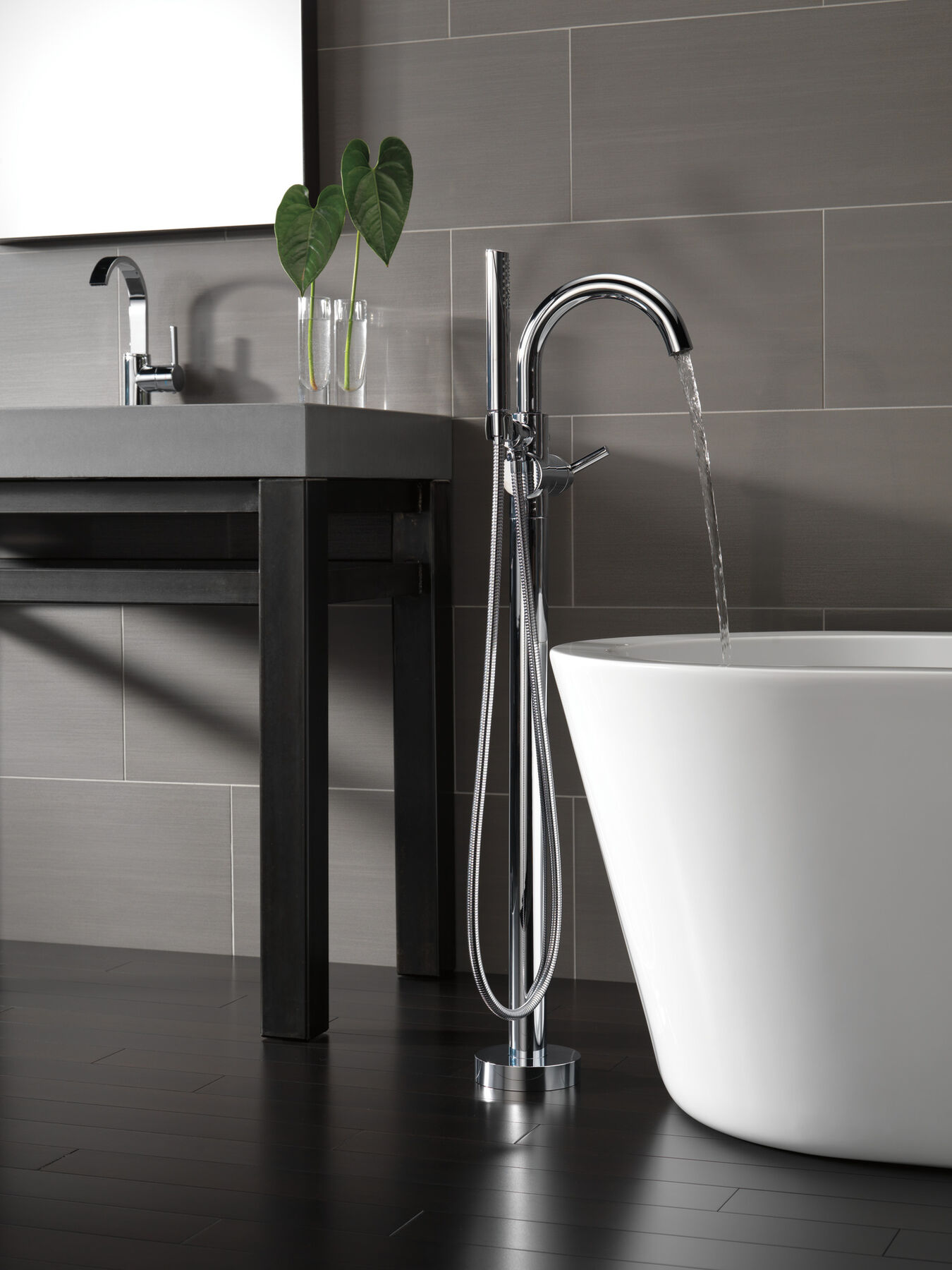 Single Handle Floor Mount Tub Filler Trim with Hand Shower, image 9