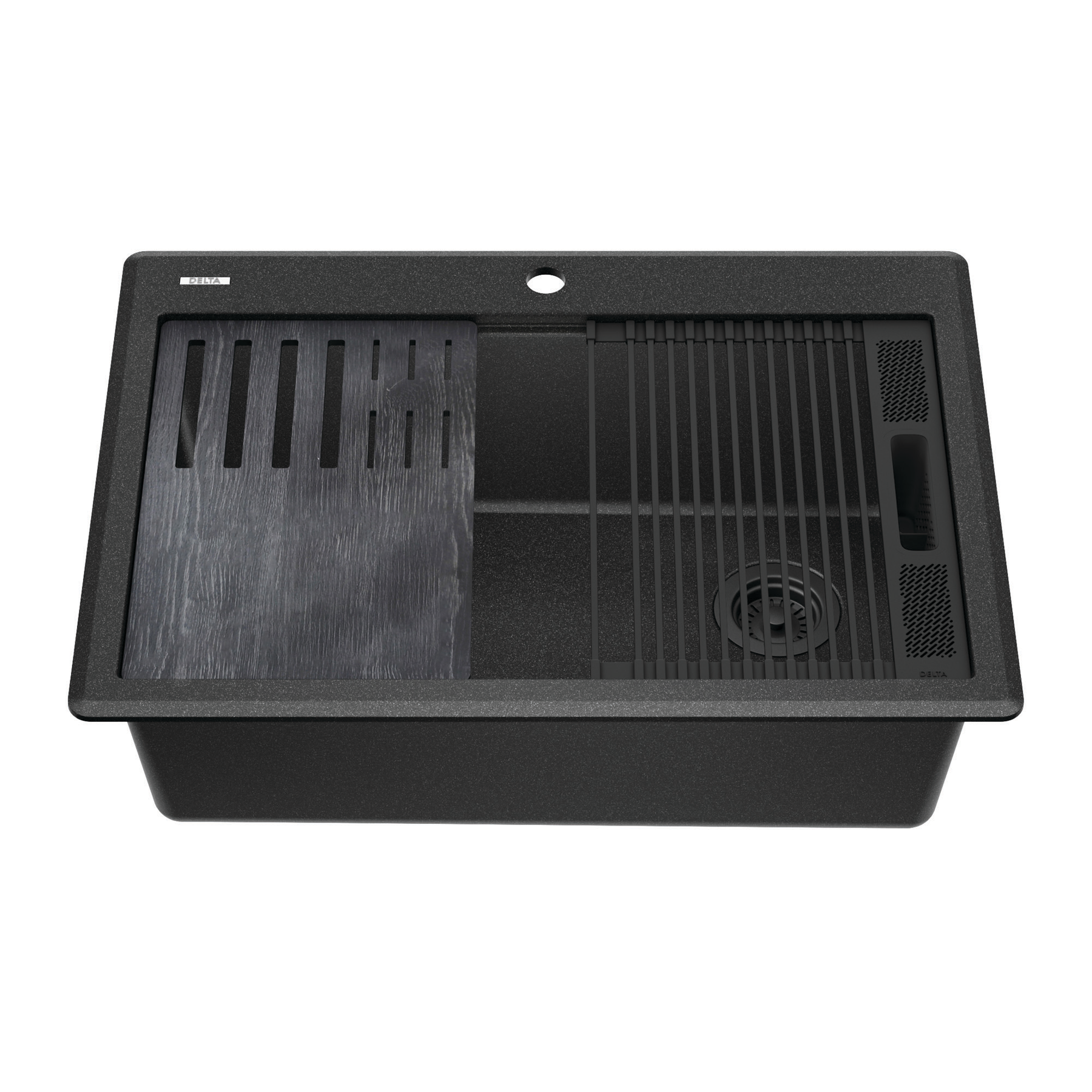 30” Granite Composite Workstation Kitchen Sink Drop-In Top Mount Single Bowl with WorkFlow™ Ledge and Accessories in Black, image 16