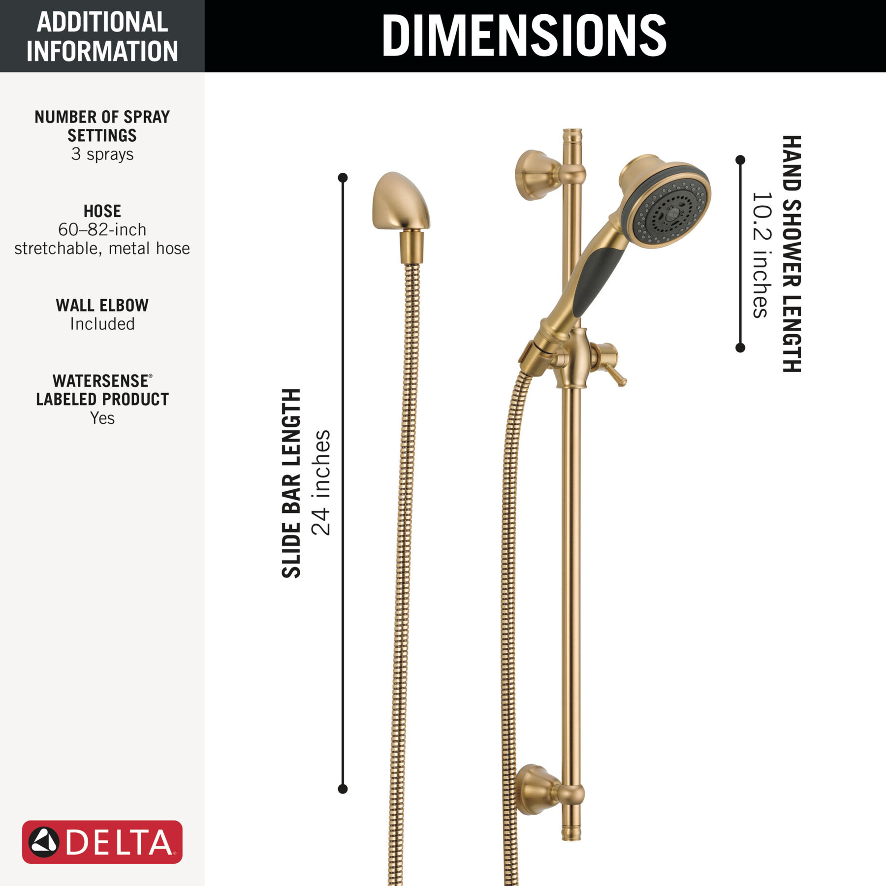 Premium 3-Setting Slide Bar Hand Shower with Wall Elbow (Recertified), image 1