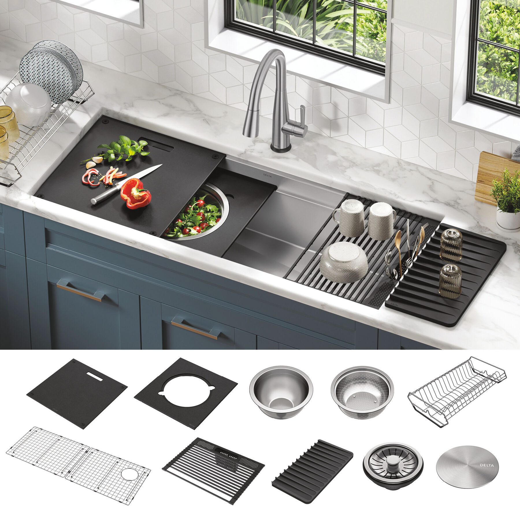 45” Workstation Undermount Single Bowl 16 Gauge Stainless Steel Kitchen Sink with 2-Tier WorkFlow™ Ledge and Accessories, image 18