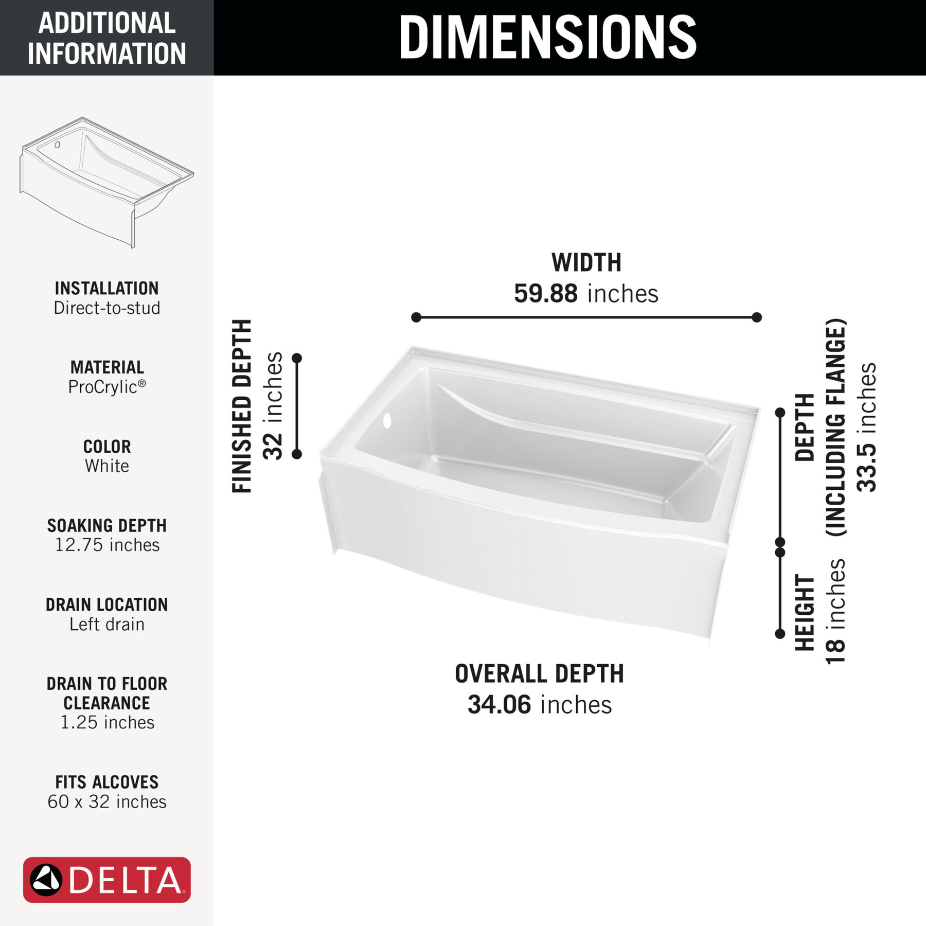 Classic 500 Curve Alcove Bathtub Left Drain 60x32"