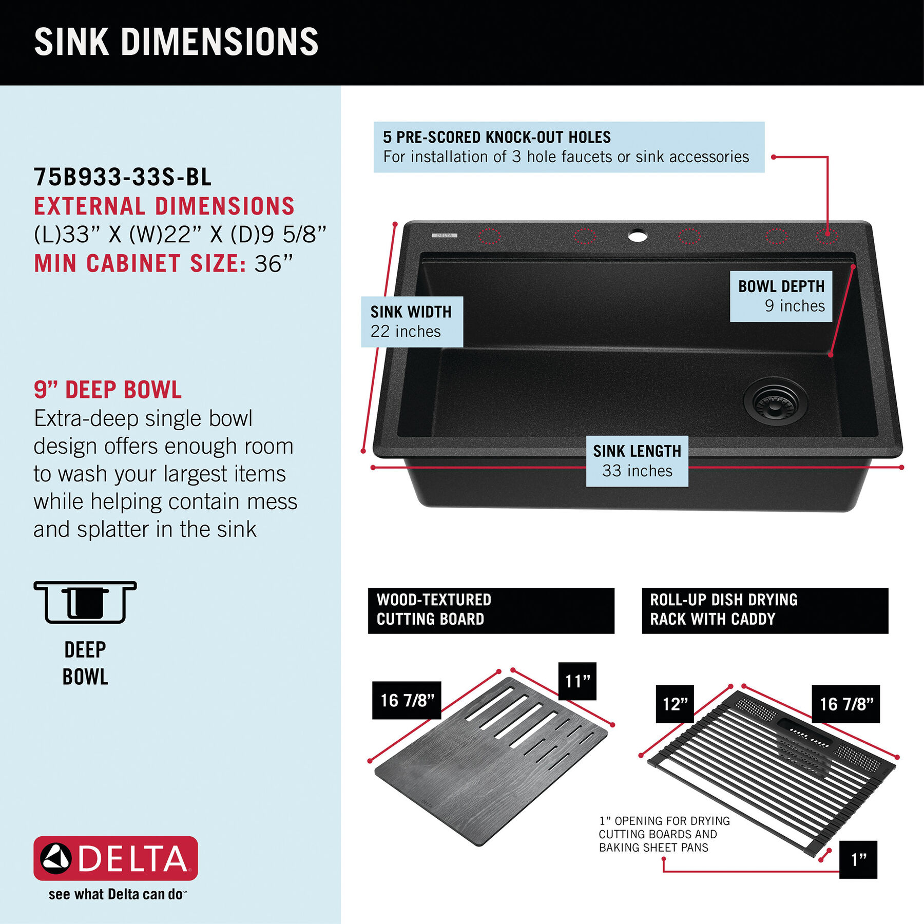 33” Granite Composite Workstation Kitchen Sink Drop-In Top Mount Single Bowl with WorkFlow™ Ledge and Accessories, image 7