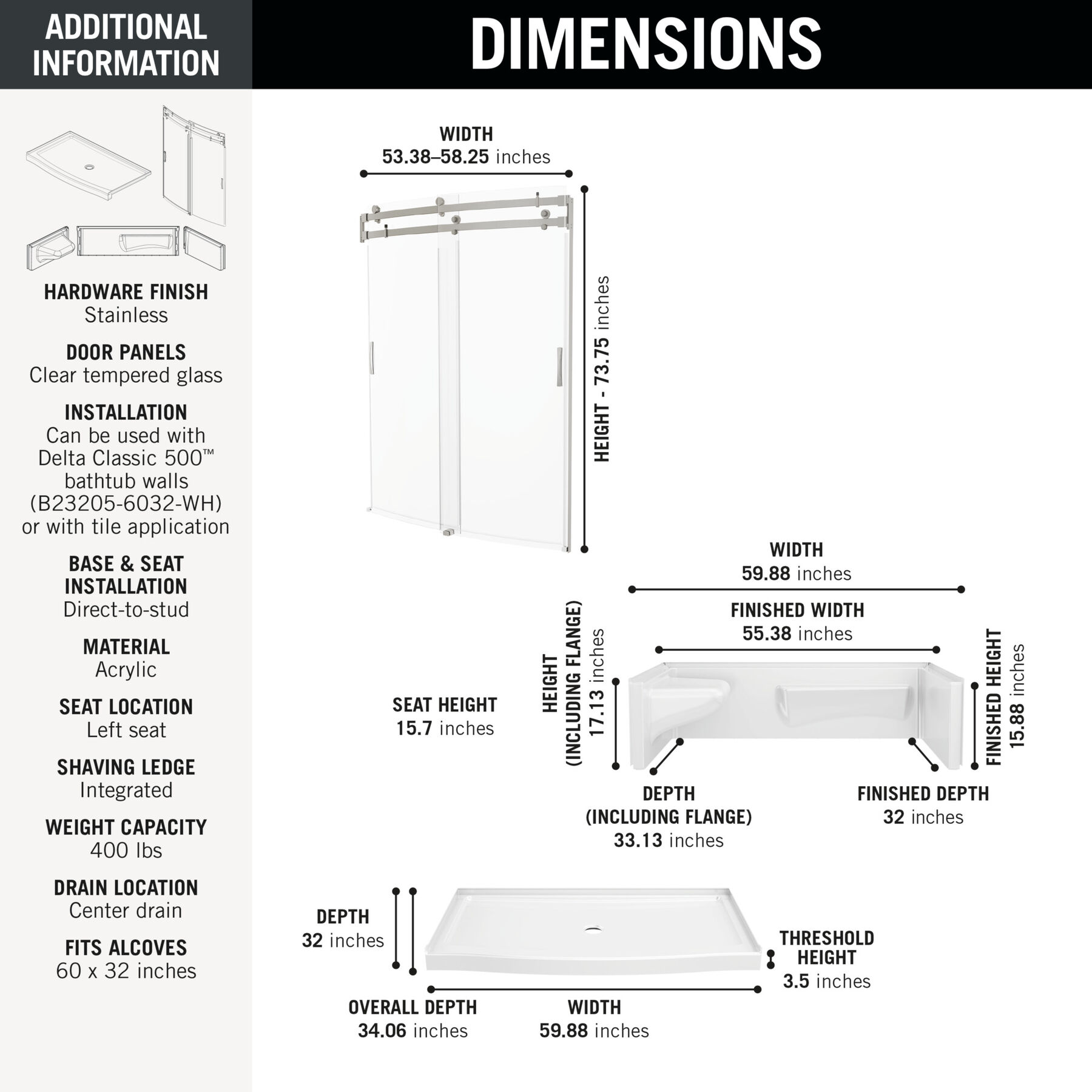 60x32 Alcove Shower Base with Door Bundle - Left Seat Center Drain Curve, image 2