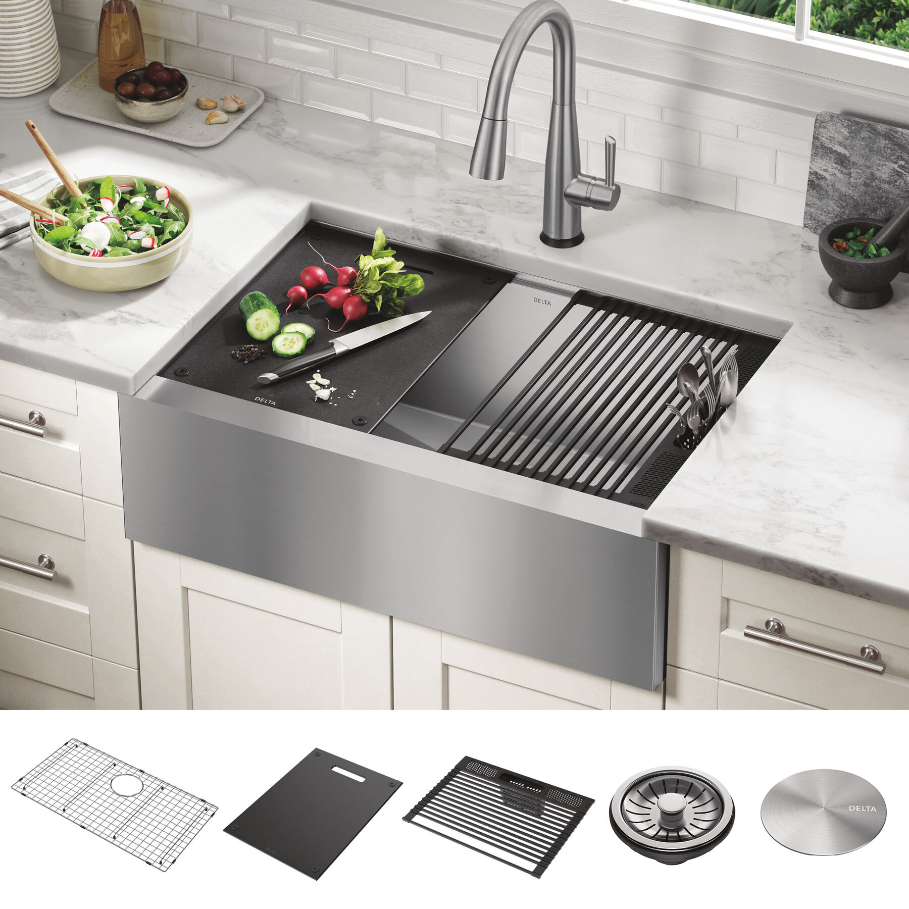 30” Workstation Undermount Single Bowl 16 Gauge Stainless Steel Farmhouse Apron Front Kitchen Sink with WorkFlow™ Ledge and Accessories, image 11