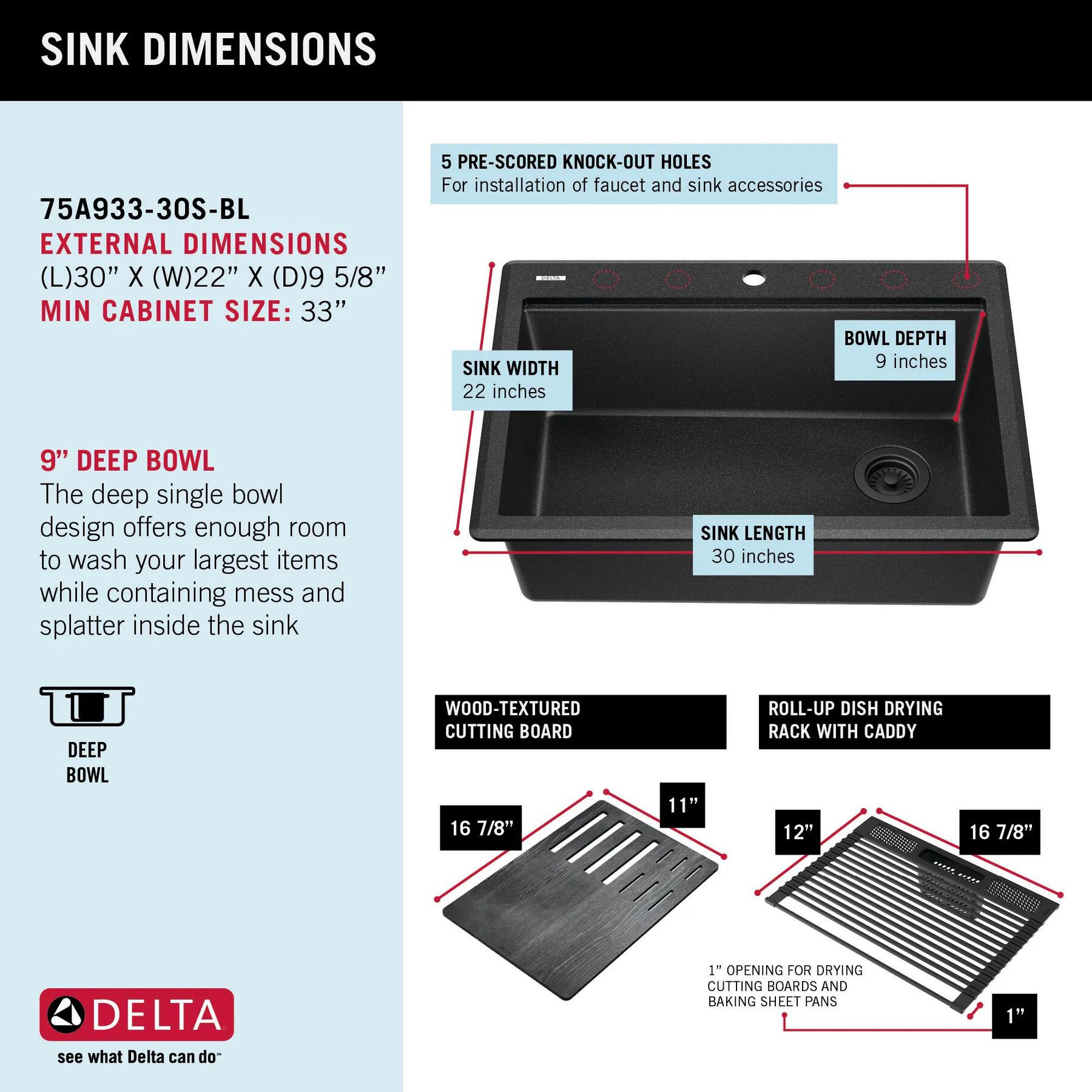 30&rdquo; Granite Composite Workstation Kitchen Sink Drop-In Top Mount Single Bowl with WorkFlow&trade; Ledge and Accessories in Black