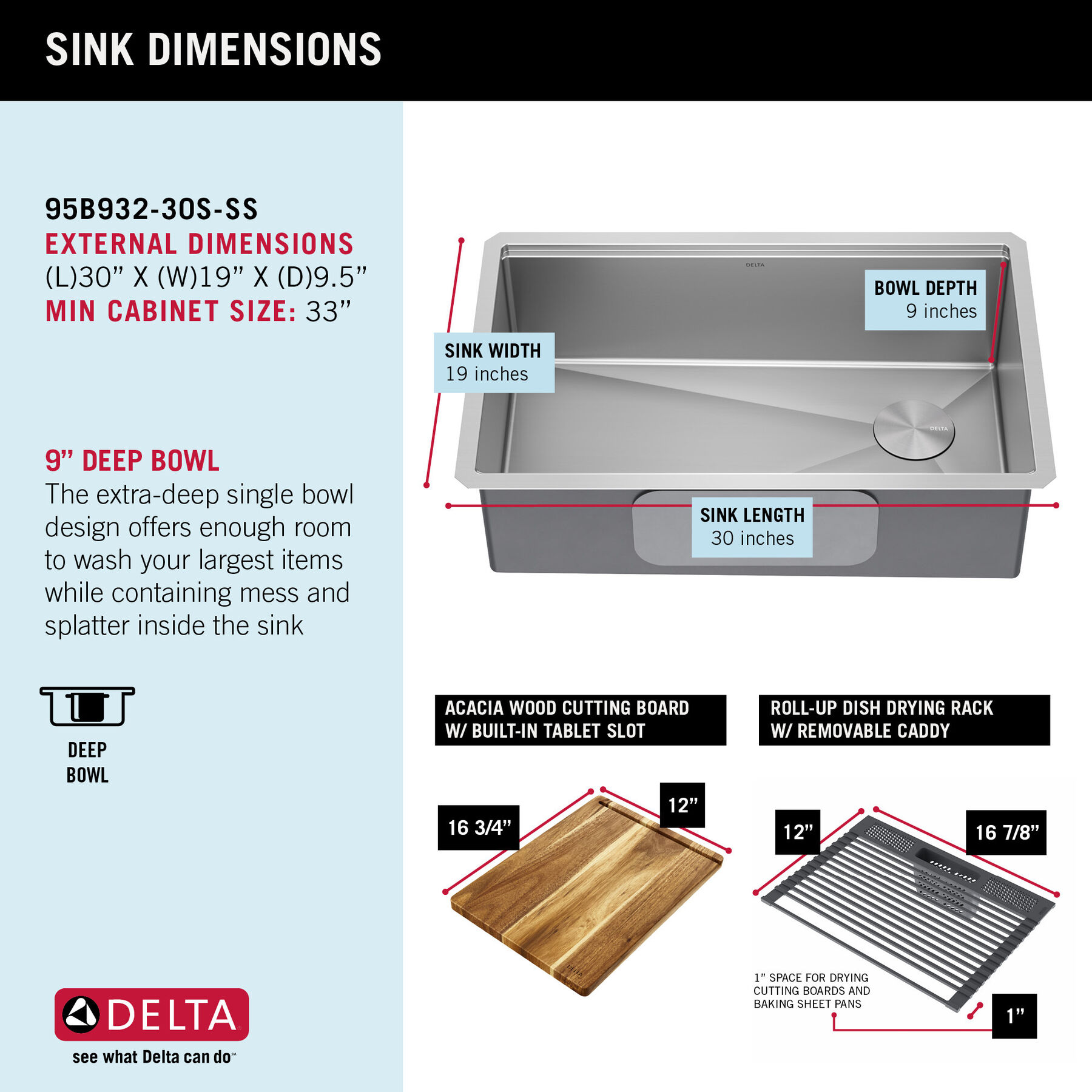 30” Workstation Kitchen Sink Undermount Stainless Steel Single Bowl with WorkFlow™ Ledge and Accessories, image 8