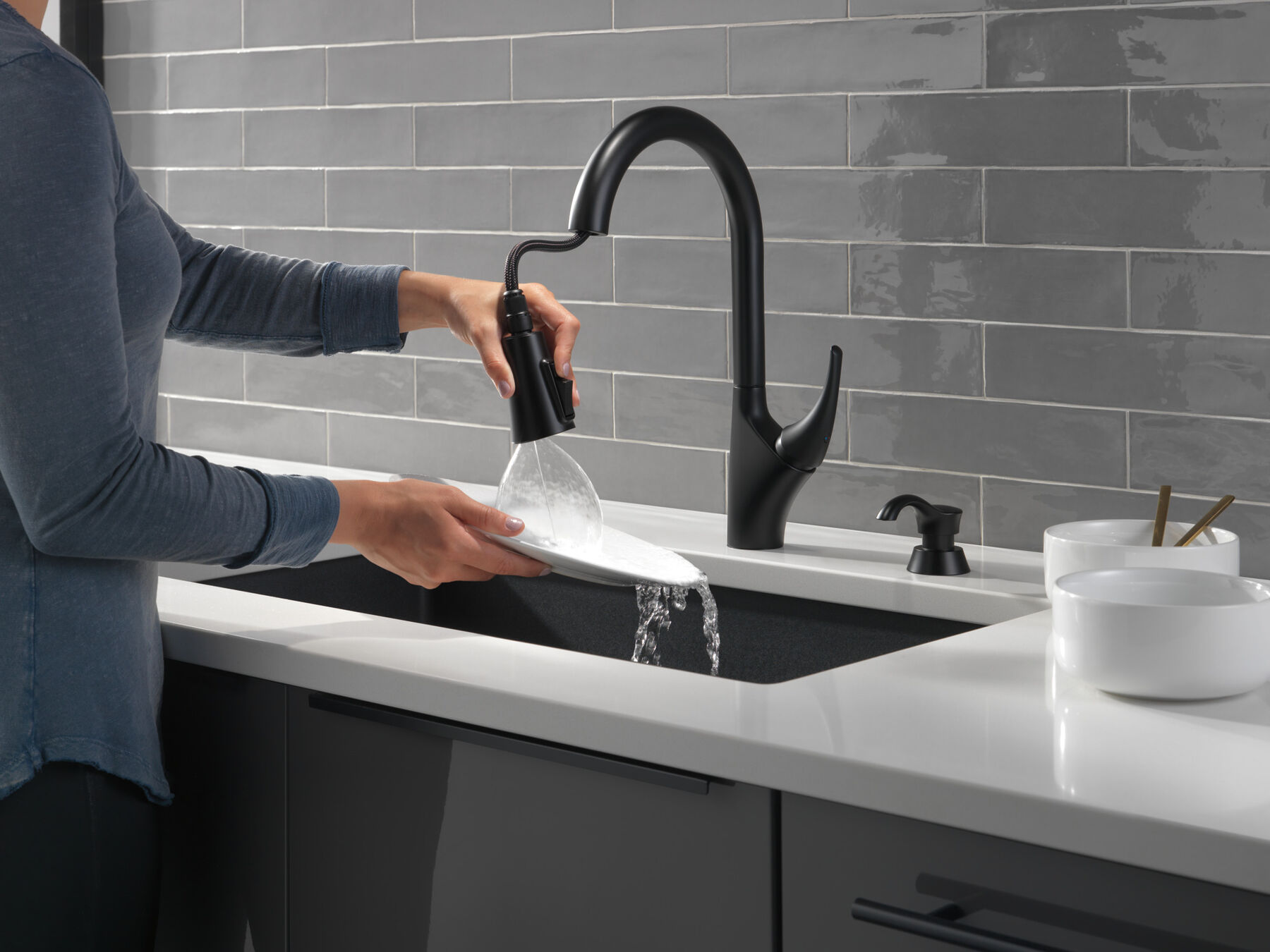 Single Handle Pull-Down Kitchen Faucet with Soap Dispenser and ShieldSpray Technology (Recertified), image 4