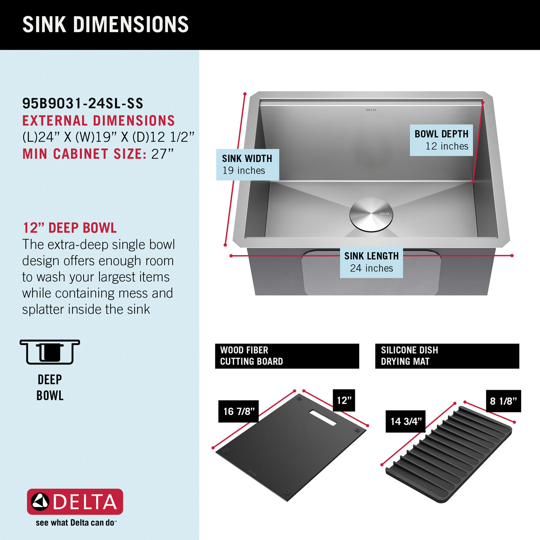24” Workstation Undermount Single Bowl 16 Gauge Stainless Steel Laundry Utility Kitchen Sink with WorkFlow™ Ledge and Accessories, image 8