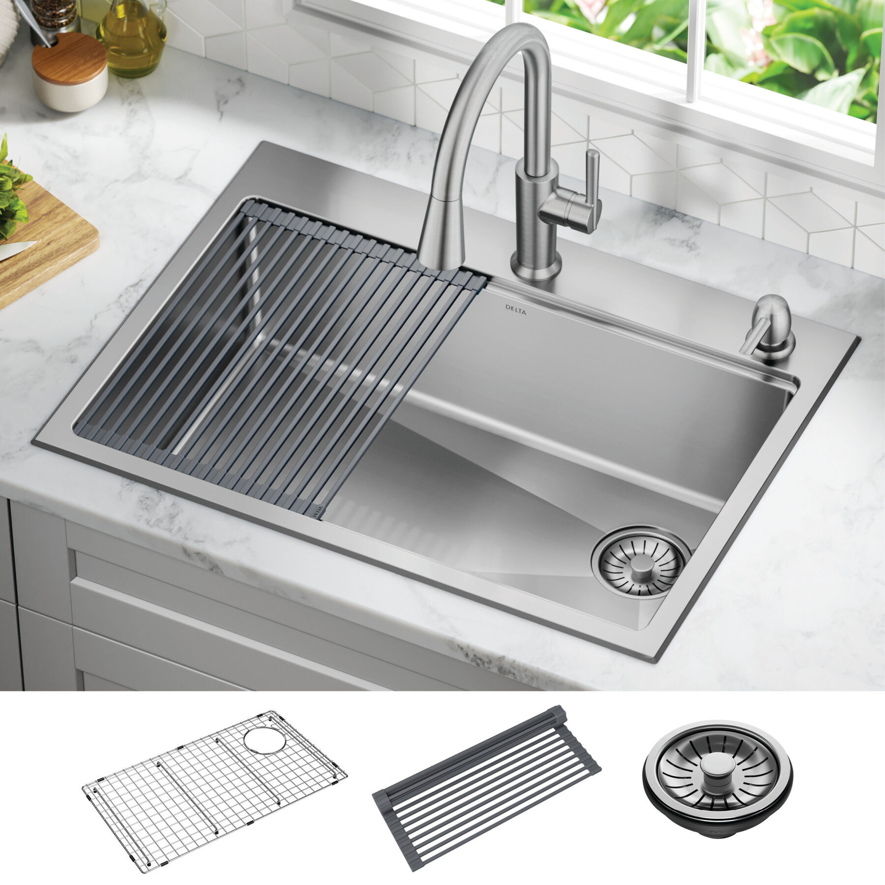 30” Stainless Steel Workstation Kitchen Sink Drop-In Undermount Single Bowl with WorkFlow™ Ledge and Accessories, image 11