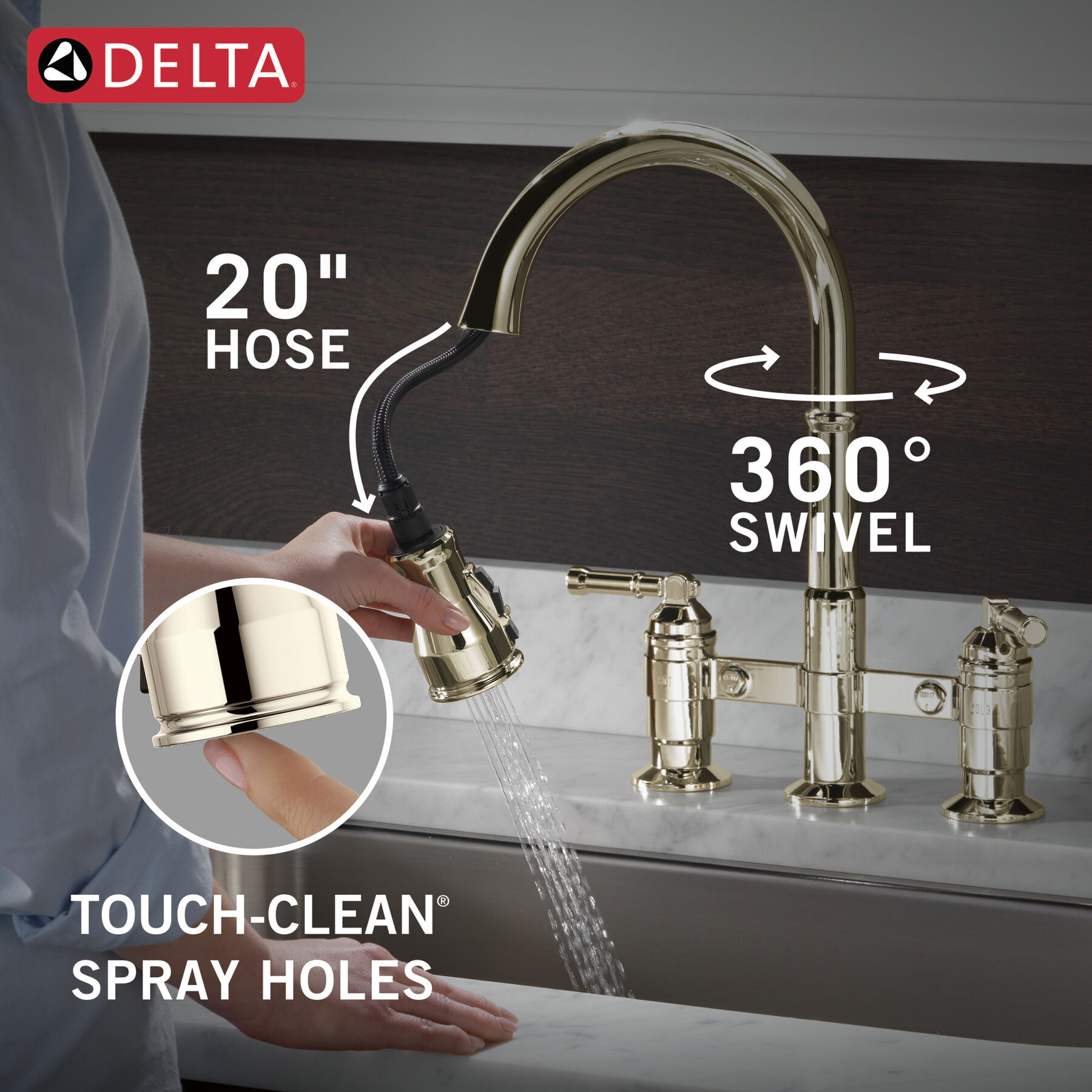 Two Handle Pull-Down Bridge Kitchen Faucet, image 4