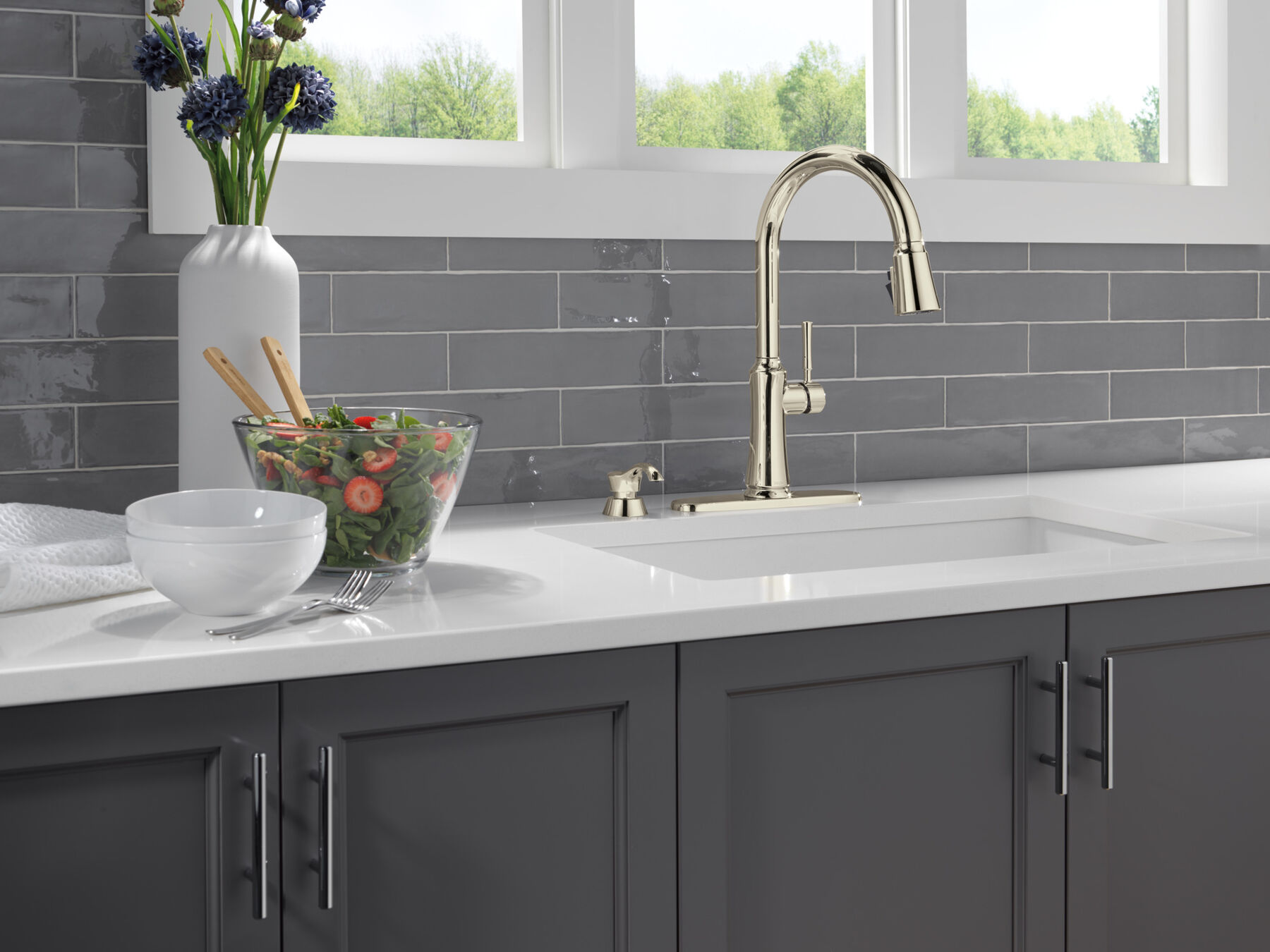 Single Handle Pull-Down Kitchen Faucet with Soap Dispenser and ShieldSpray Technology, image 2