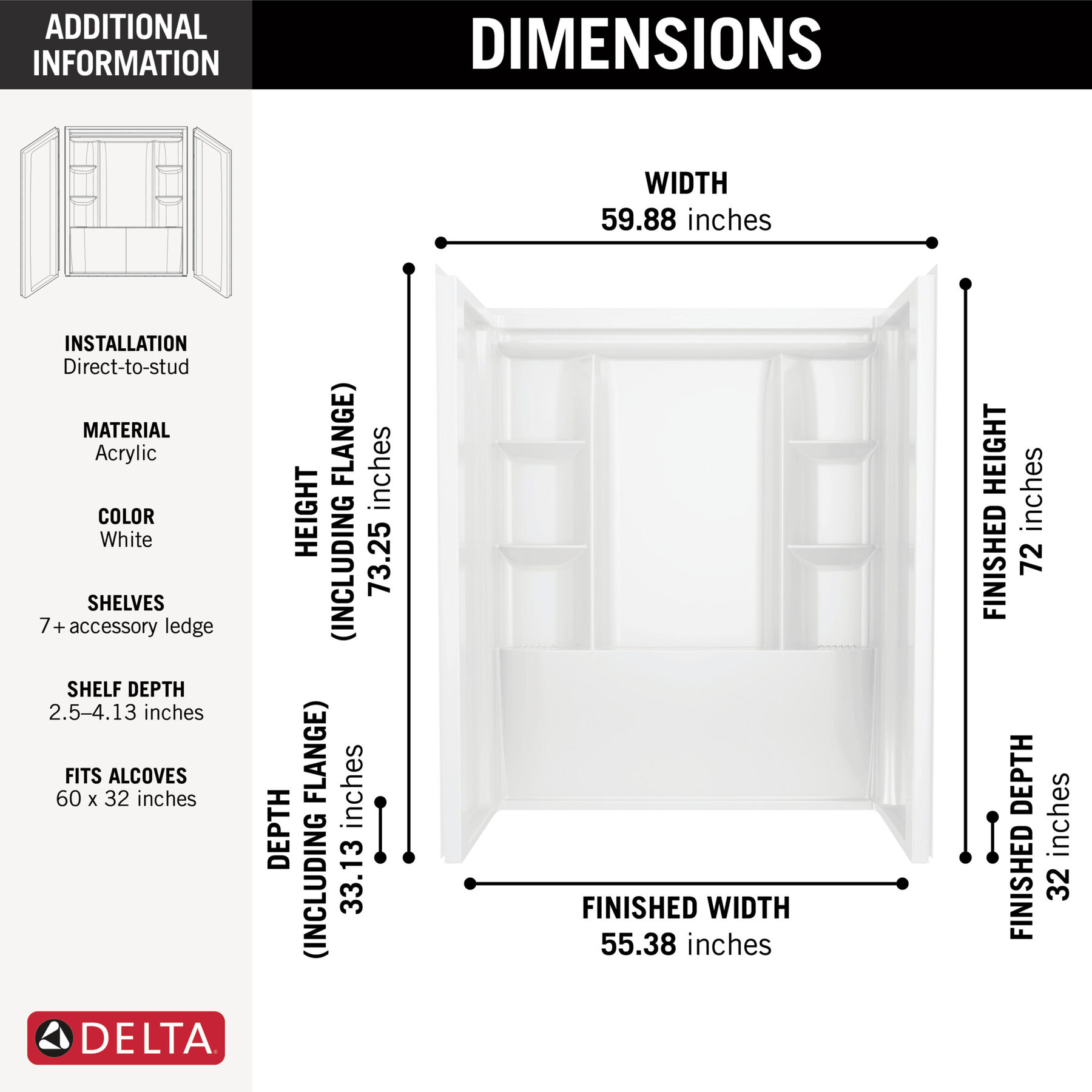 60x32 Alcove Shower Base and Wall Set Bundle - Center Drain, image 5
