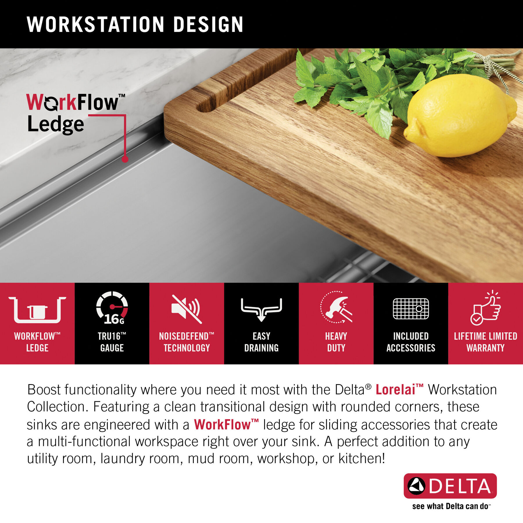 24” Workstation Undermount Single Bowl 16 Gauge Stainless Steel Laundry Utility Kitchen Sink with WorkFlow™ Ledge and Accessories, image 7