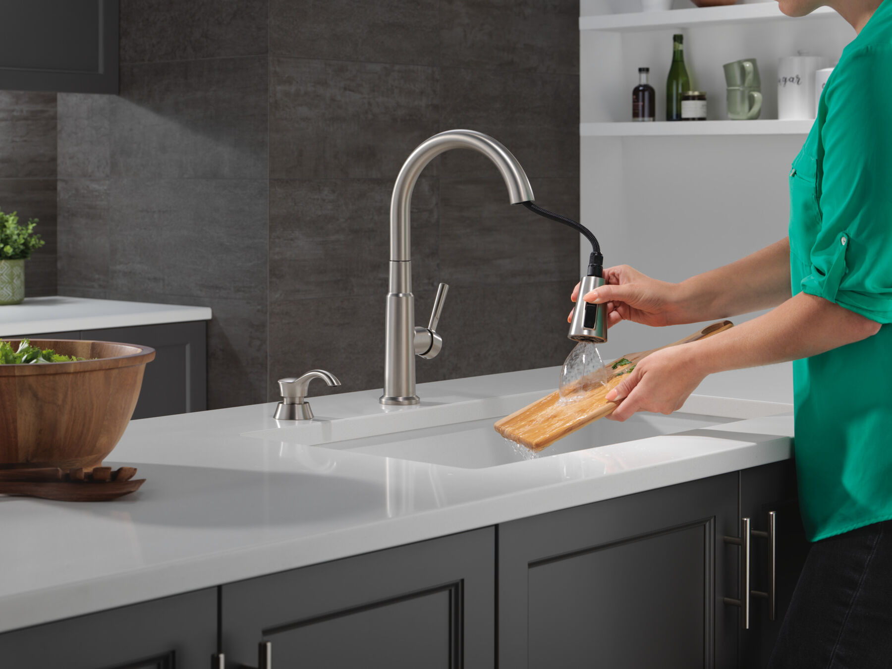 Single Handle Pull-Down Kitchen Faucet with Soap Dispenser and ShieldSpray® Technology, image 5