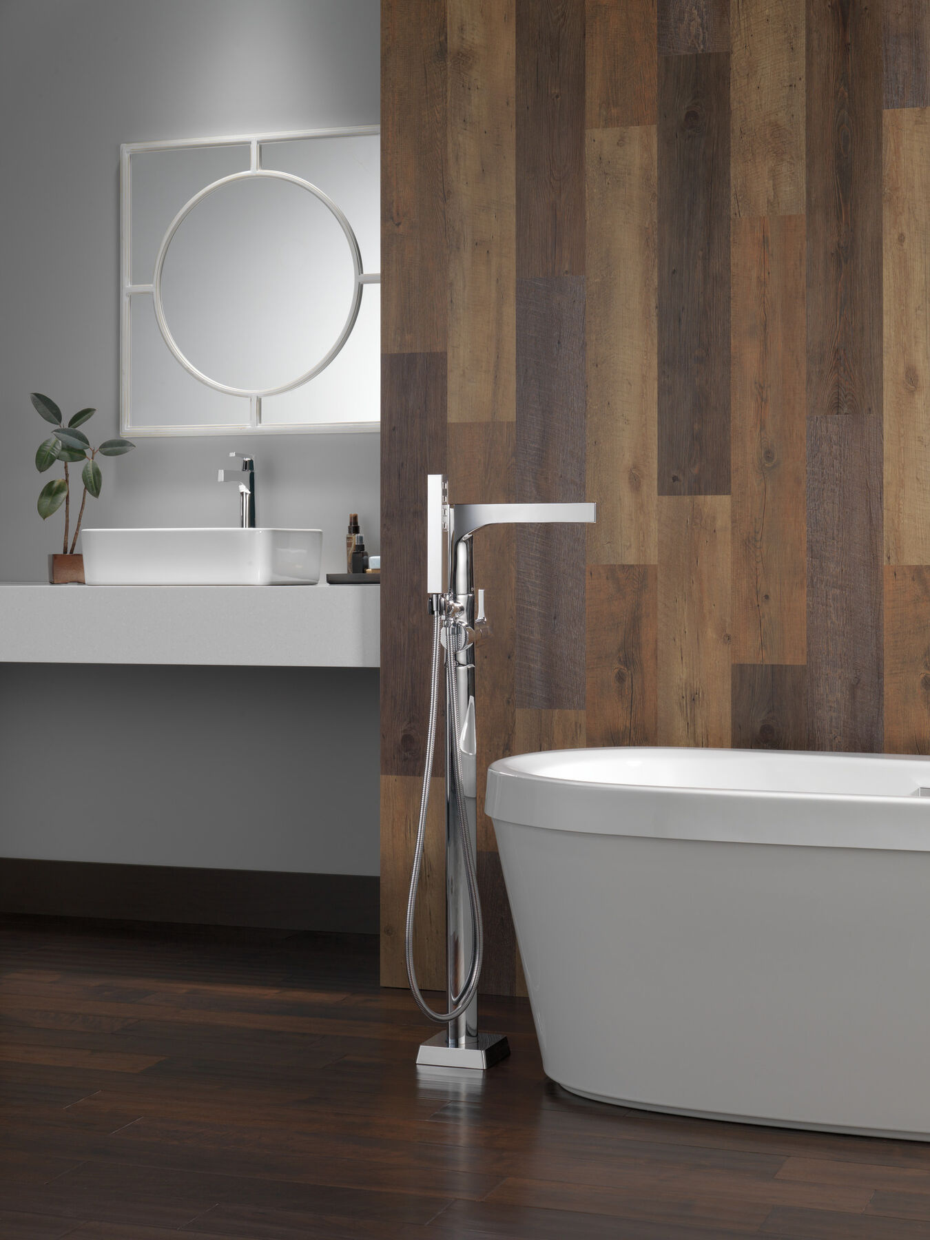 Single Handle Floor Mount Tub Filler Trim with Hand Shower, image 10