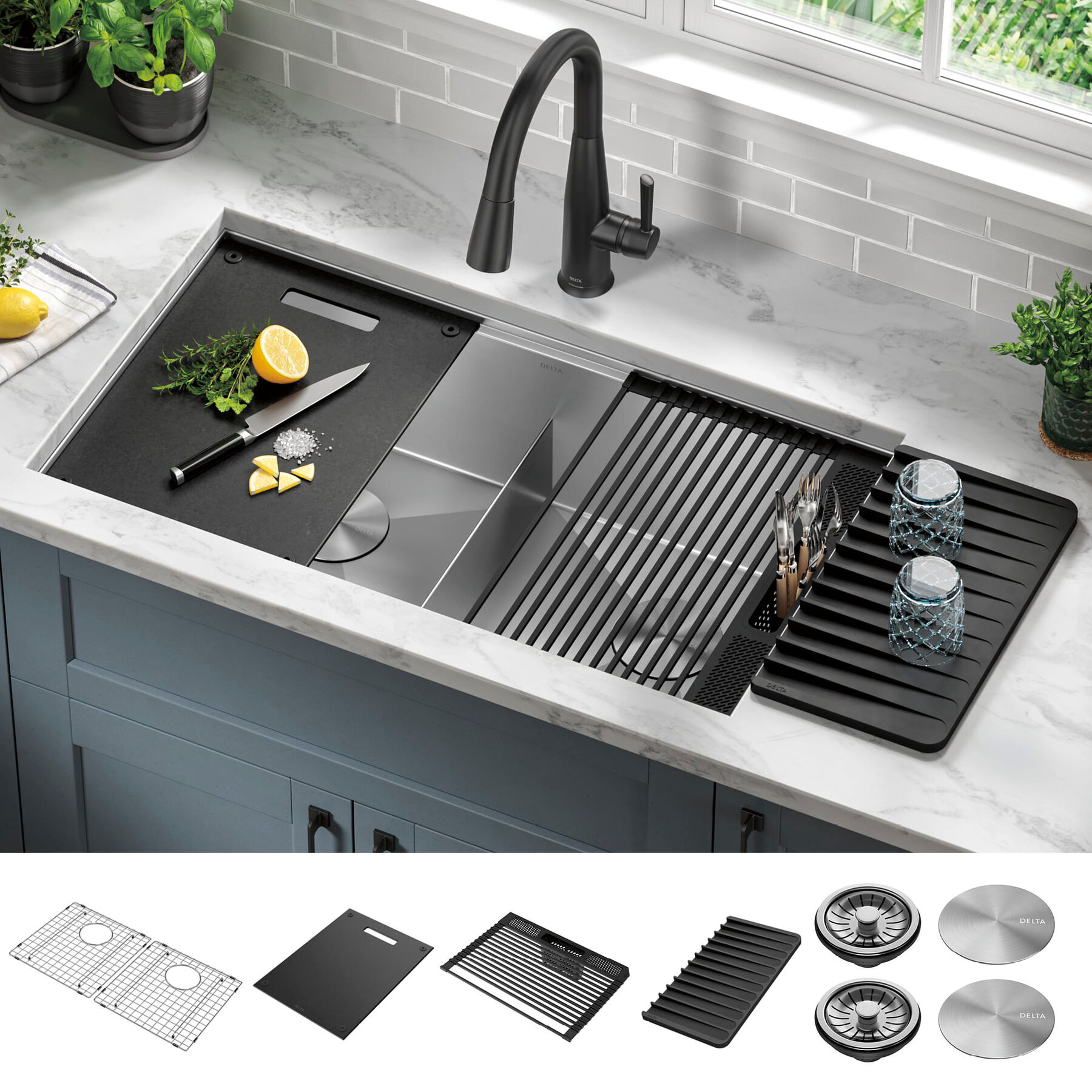 33” Workstation Kitchen Sink Undermount 16 Gauge Stainless Steel 50/50 Double Bowl with WorkFlow™ Ledge and Accessories, image 13